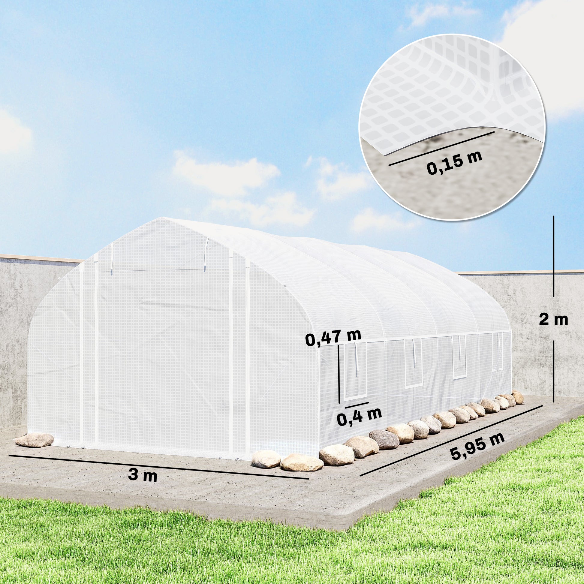 Outsunny Invernadero de Exterior, 6x3x2 m, Invernadero de Túnel con 8 Ventanas, Cubierta de PE, Anti-UV y Puerta Enrollable con Cremallera, Paredes Laterales con Malla, para Cultivos, Plantas, Blanco