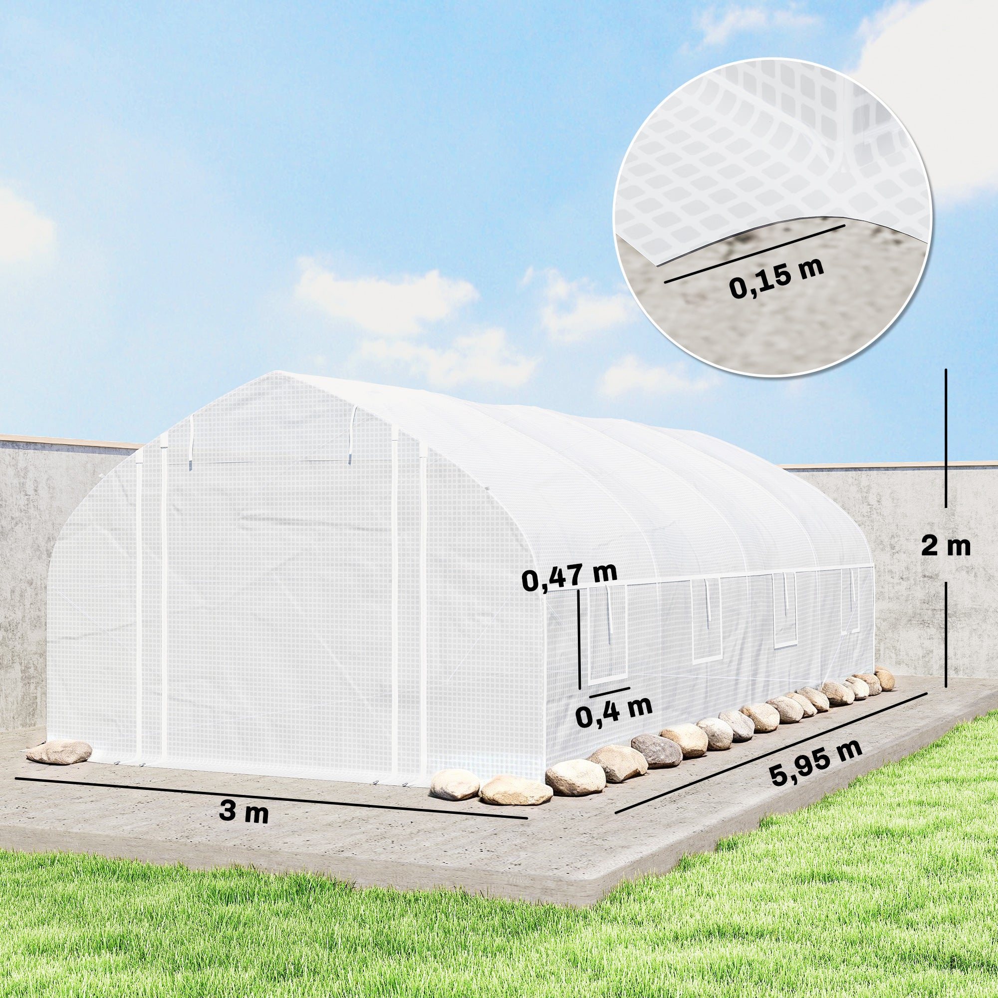 Outsunny Invernadero de Exterior, 6x3x2 m, Invernadero de Túnel con 8 Ventanas, Cubierta de PE, Anti-UV y Puerta Enrollable con Cremallera, Paredes Laterales con Malla, para Cultivos, Plantas, Blanco