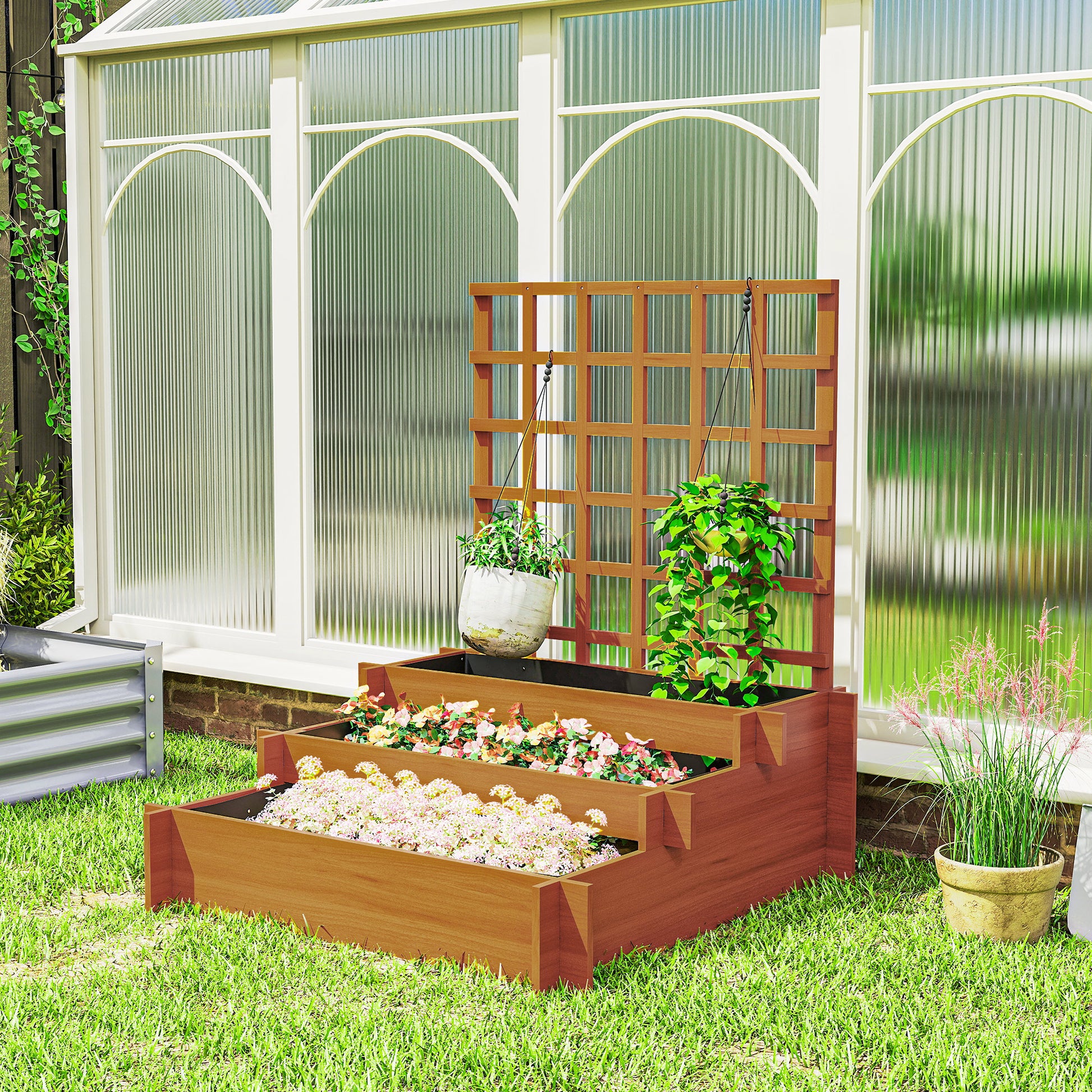 Outsunny Jardinera con Enrejado de 3 Niveles, Jardinera Exterior Grande de Madera para Plantas Trepadoras, con Tela no Tejida, Macetero Elevado para Jardín, Patio, Terraza, 95x95x110 cm, Marrón