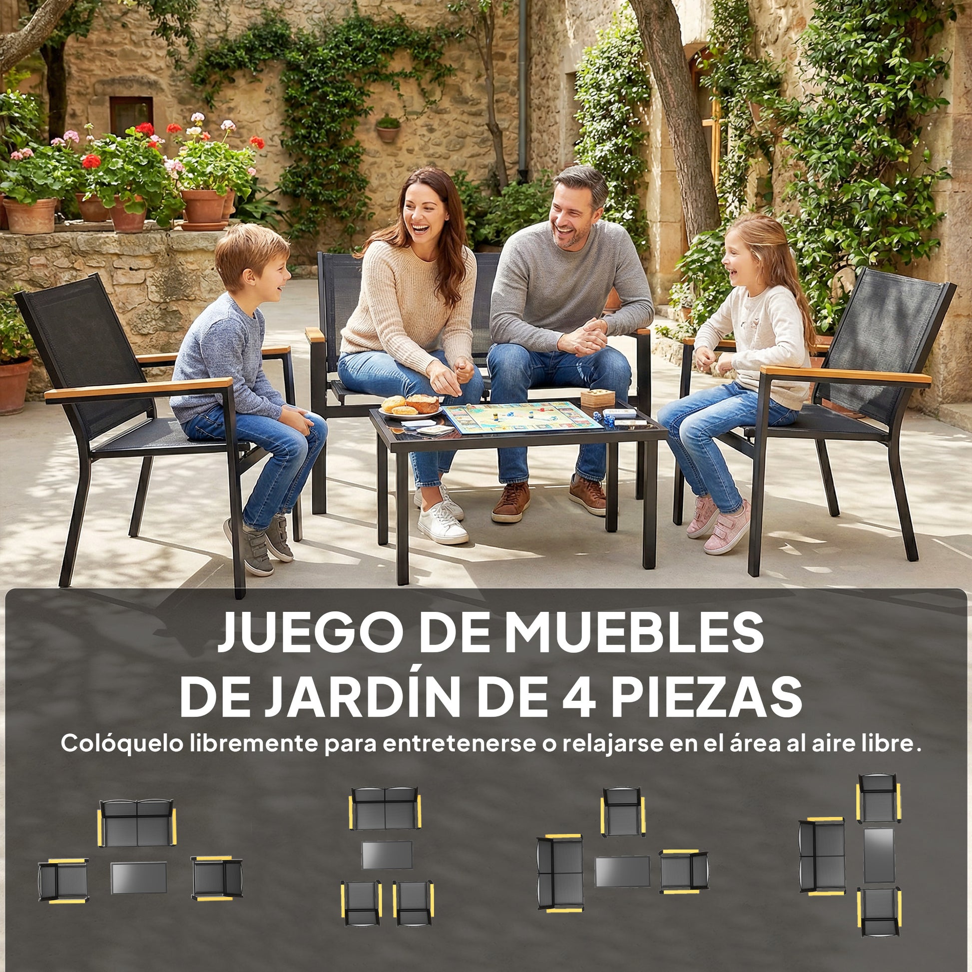 Outsunny Conjunto Jardín Exterior de 4 Piezas, Muebles Jardín Exterior con Sofá de 2 Plazas, 2 Sillones, Mesa de Cristal Templado, Tela Textilene, Reposabrazos Anchos, Negro