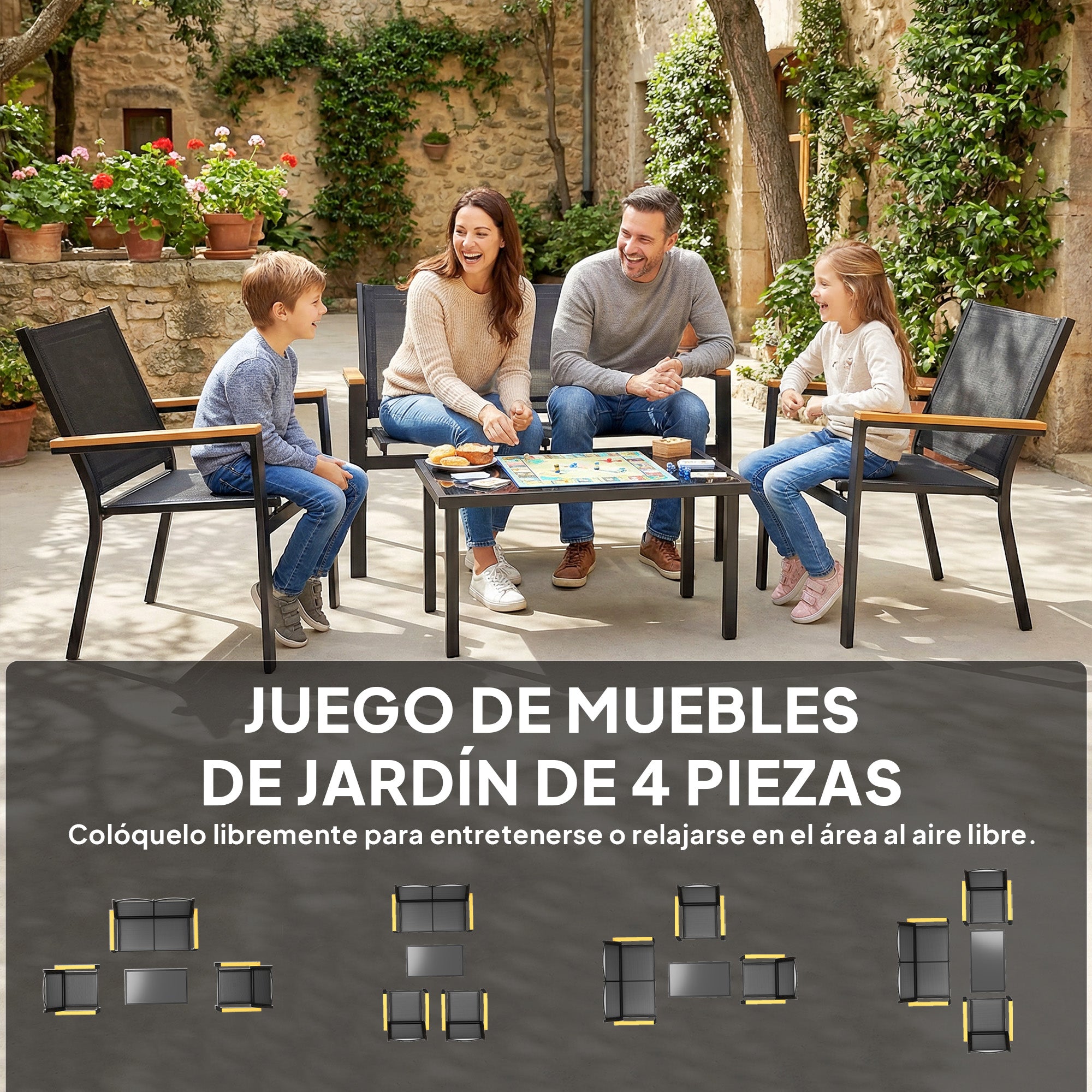 Outsunny Conjunto Jardín Exterior de 4 Piezas, Muebles Jardín Exterior con Sofá de 2 Plazas, 2 Sillones, Mesa de Cristal Templado, Tela Textilene, Reposabrazos Anchos, Negro