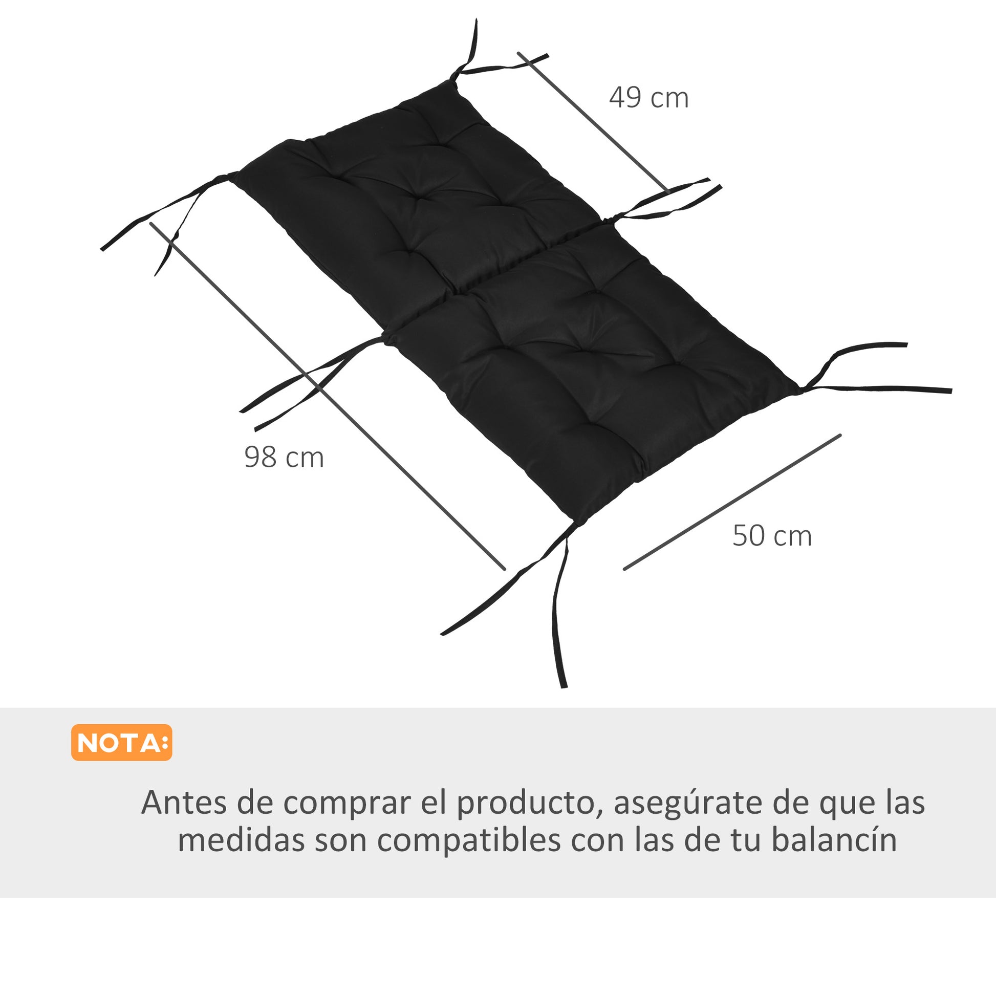 Outsunny Conjunto de 2 Cojines para Silla Cojines para Jardín Colchones de Banco con Respaldo 6 Cordones de Fijación 50x98x8 cm Negro
