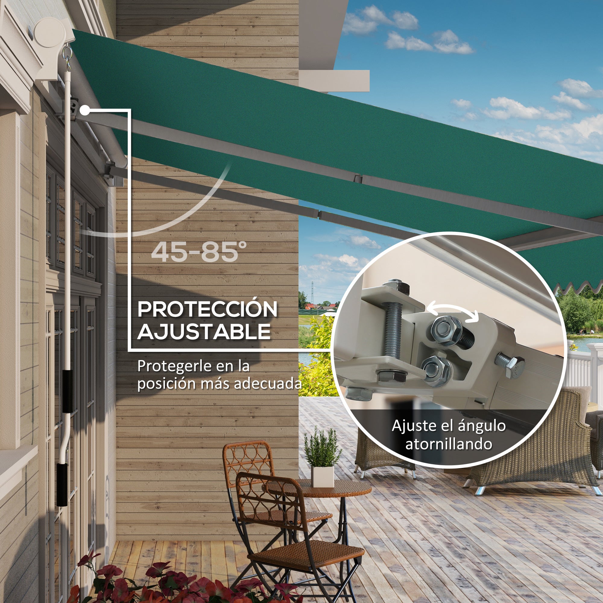 Outsunny Toldo Manual Retráctil 395x245 cmToldo para Balcón con Manivela de Metal Impermeable y Anti-UV Toldo Enrollable de Exterior para Jardín Terraza Ventanas Verde