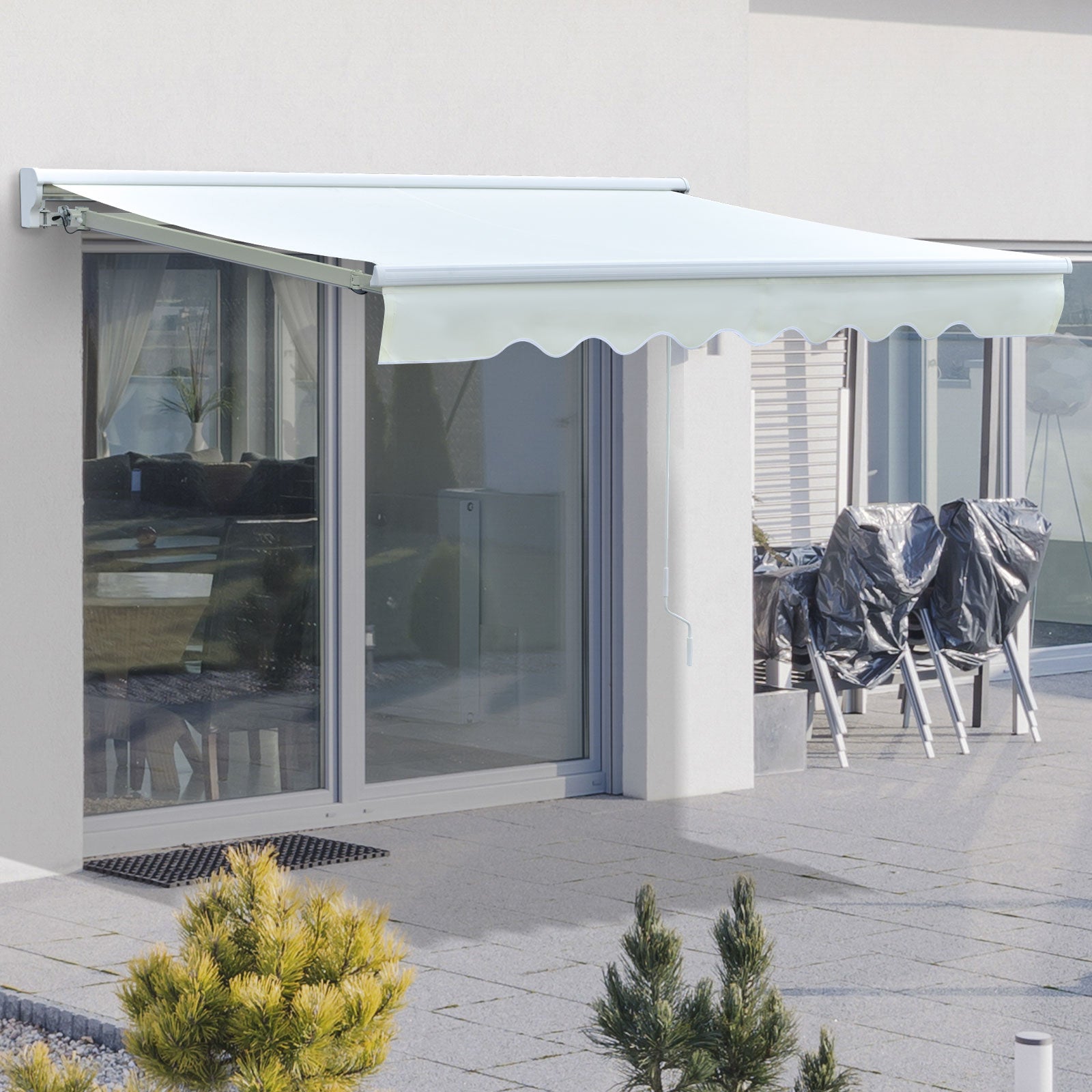 Outsunny Toldo Retráctil de Pared 250x200 cm Automática y Manual con Manivela y Mando a Distancia Luces LED Ajustable en Ángulo para Exterior Balcón Jardín Terraza Aluminio Blanco