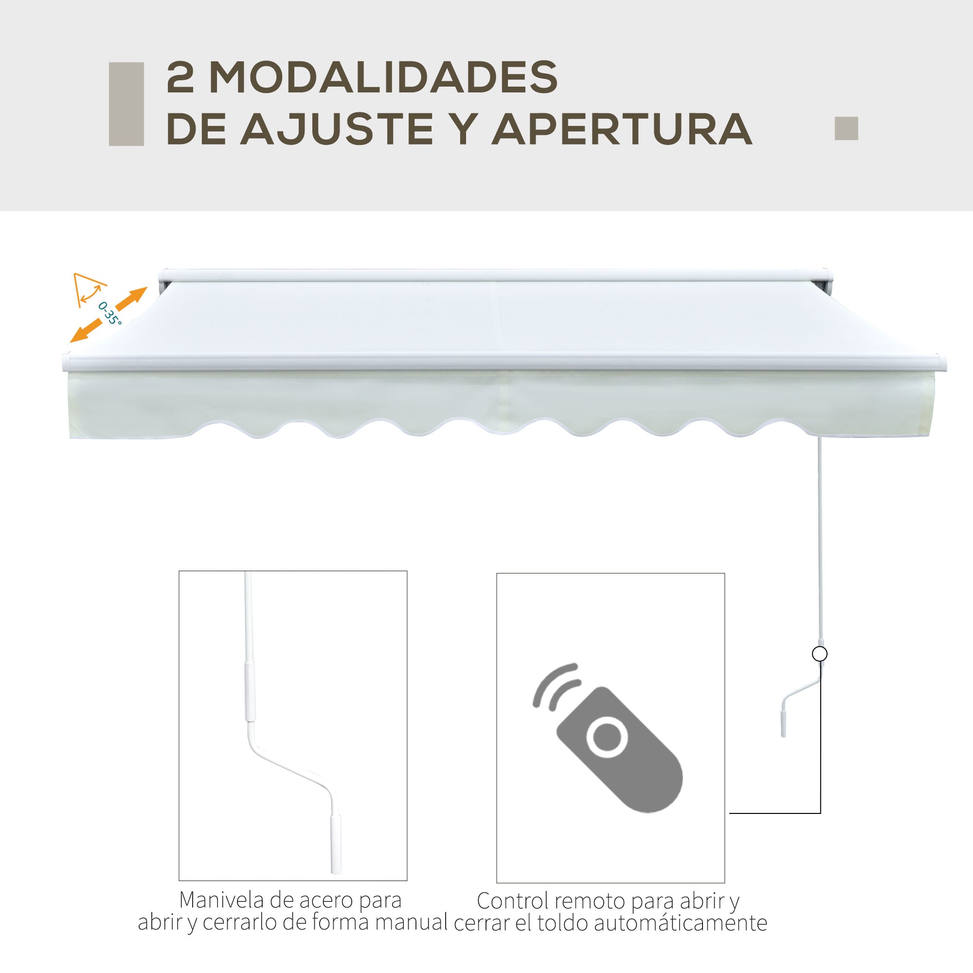 Outsunny Toldo Retráctil de Pared 250x200 cm Automática y Manual con Manivela y Mando a Distancia Luces LED Ajustable en Ángulo para Exterior Balcón Jardín Terraza Aluminio Blanco