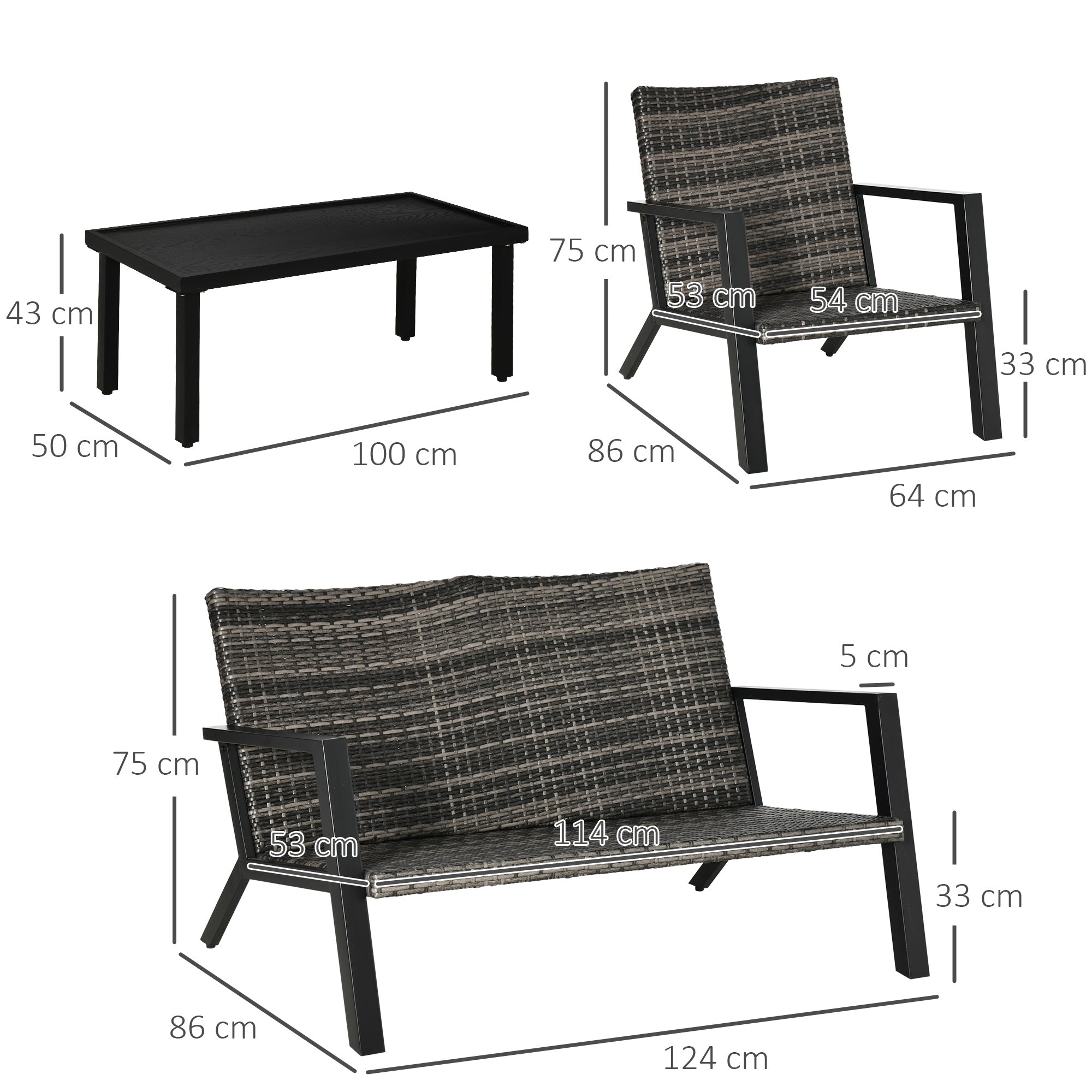 Outsunny Conjunto de Muebles de Jardín de Ratán 4 Piezas Juego de Muebles de Exterior con Sofá de 2 Plazos Sofás Individuales y Mesa de Centro para Terraza Patio Negro