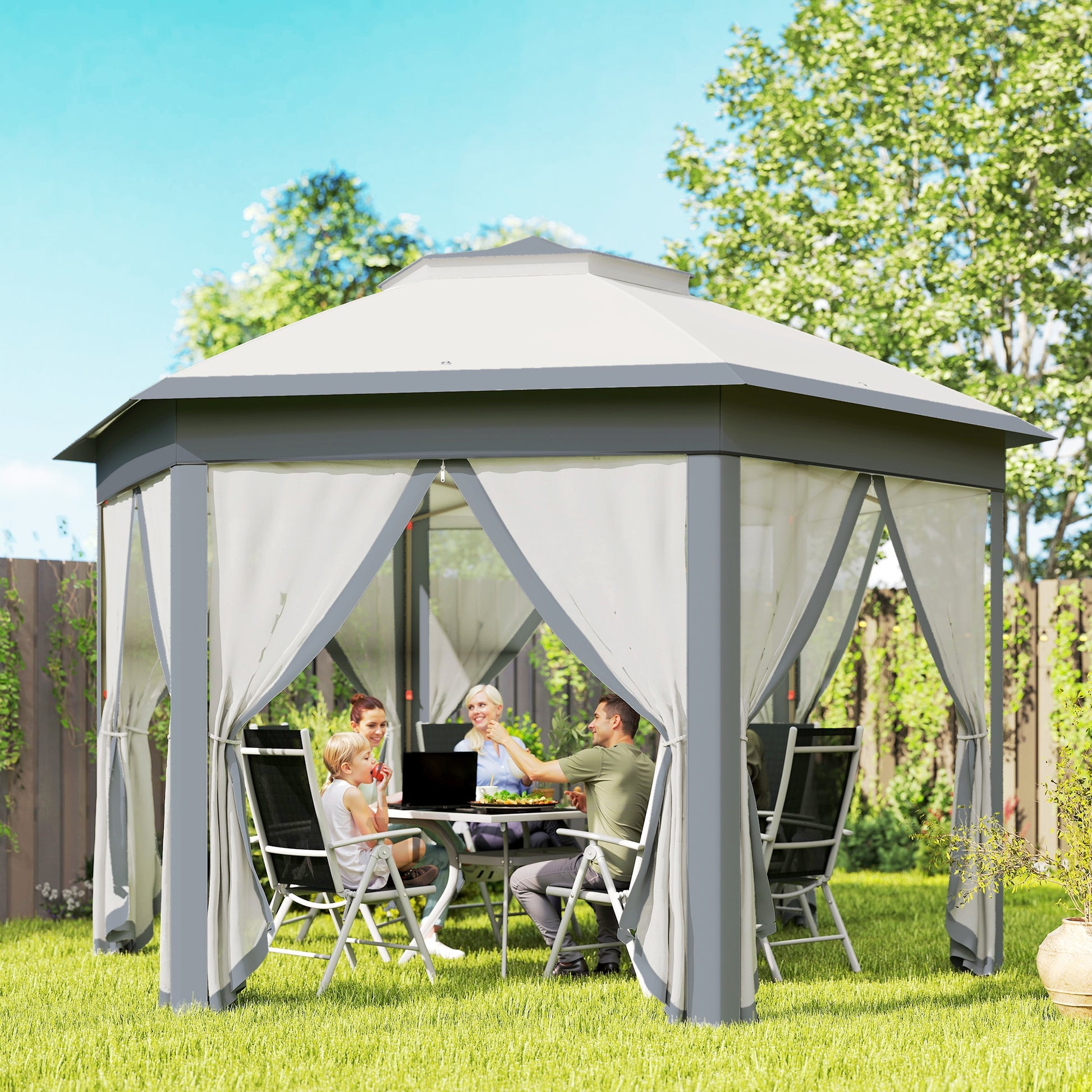 Outsunny Carpa Plegable 4x3,4 m, Cenador de Jardín Hexagonal con Doble Techo, 6 Mosquiteras Extraíbles y Bolsa de Transporte, Impermeable, Anti-UV para Exterior, Fiestas, Gris