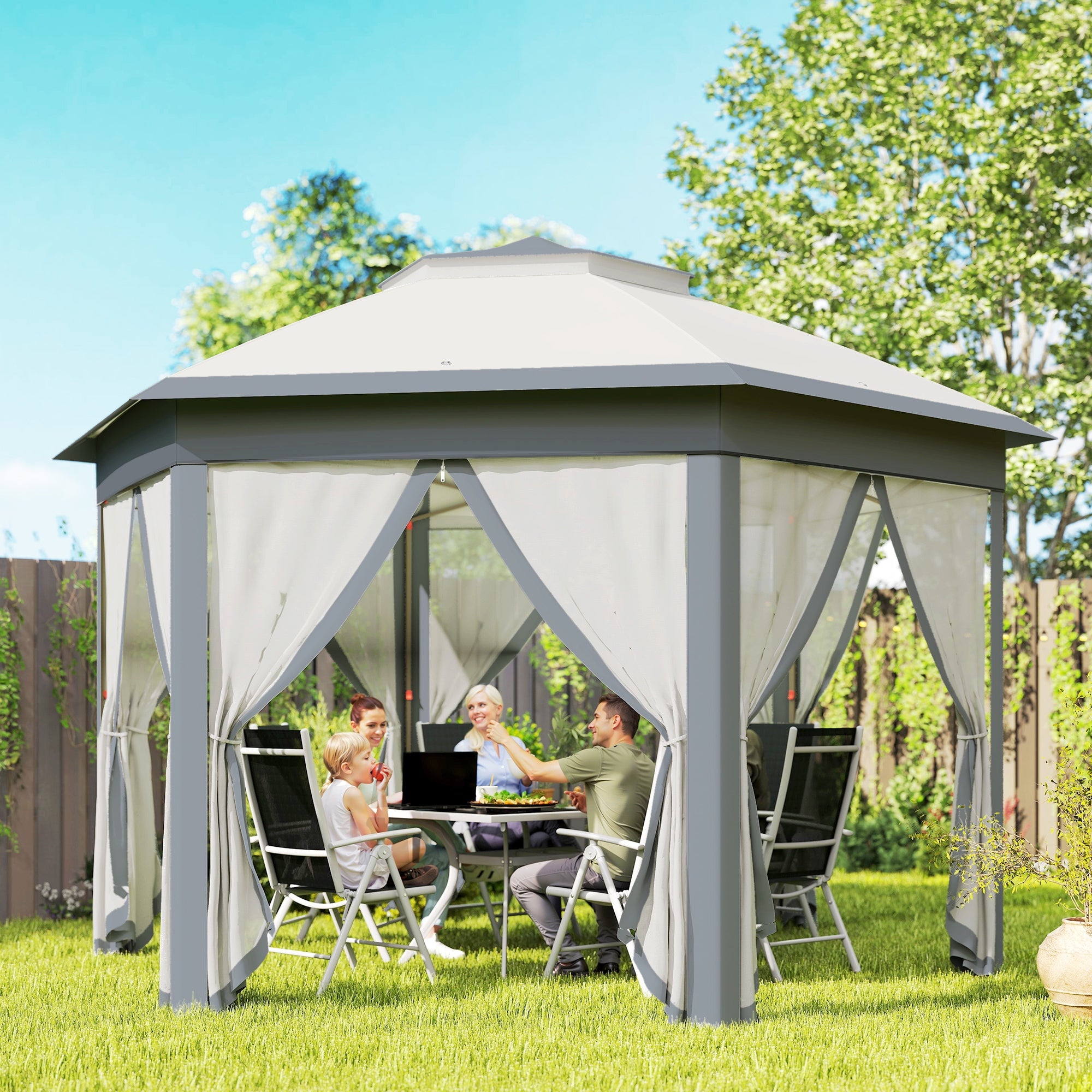 Outsunny Carpa Plegable 4x3,4 m, Cenador de Jardín Hexagonal con Doble Techo, 6 Mosquiteras Extraíbles y Bolsa de Transporte, Impermeable, Anti-UV para Exterior, Fiestas, Gris