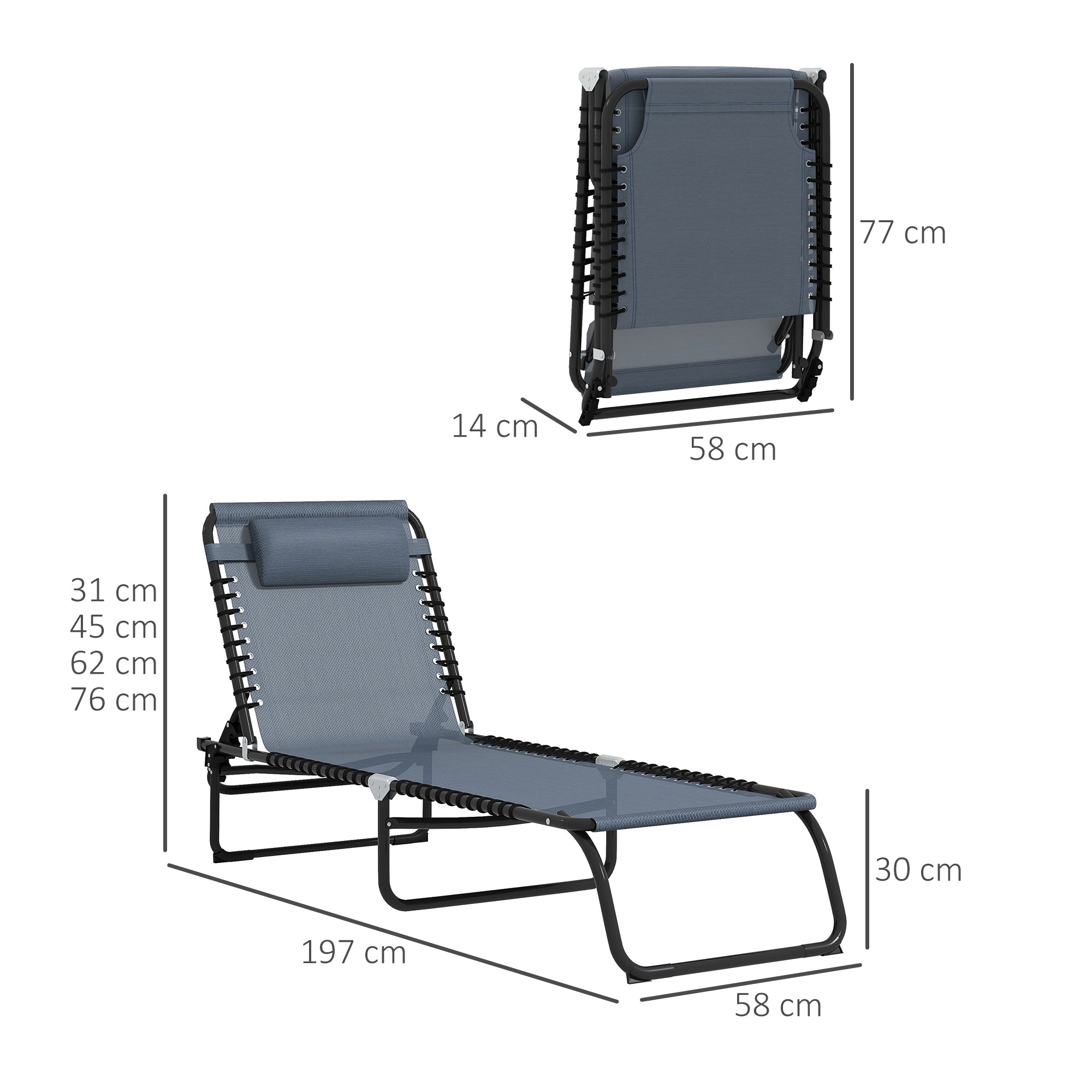 Outsunny Conjunto de 2 Tumbonas Plegables Tumbonas de Jardín con Respaldo Ajustable en 4 Posiciones Carga 120 kg para Terraza Piscina Playa 197x58x30 cm Gris