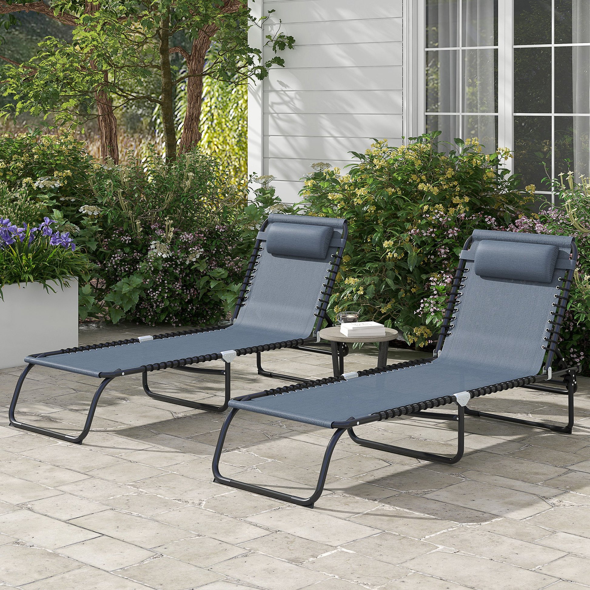 Outsunny Conjunto de 2 Tumbonas Plegables Tumbonas de Jardín con Respaldo Ajustable en 4 Posiciones Carga 120 kg para Terraza Piscina Playa 197x58x30 cm Gris