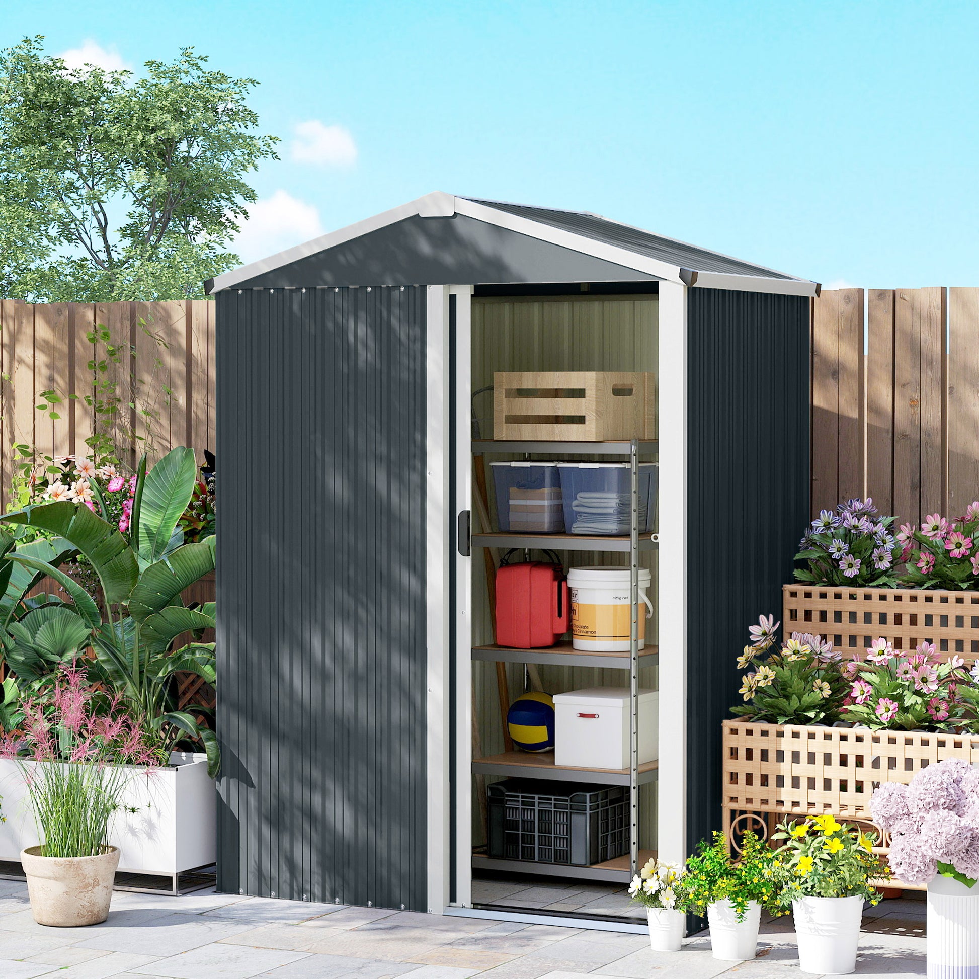 Outsunny Caseta de Jardín Exterior 1,1 m², 136x87x179 cm, Cobertizo de Jardín Exterior Metálico con Puerta Corredera, Techo Inclinado y Guantes, para Almacenaje de Herramientas Bicicletas, Gris Oscuro