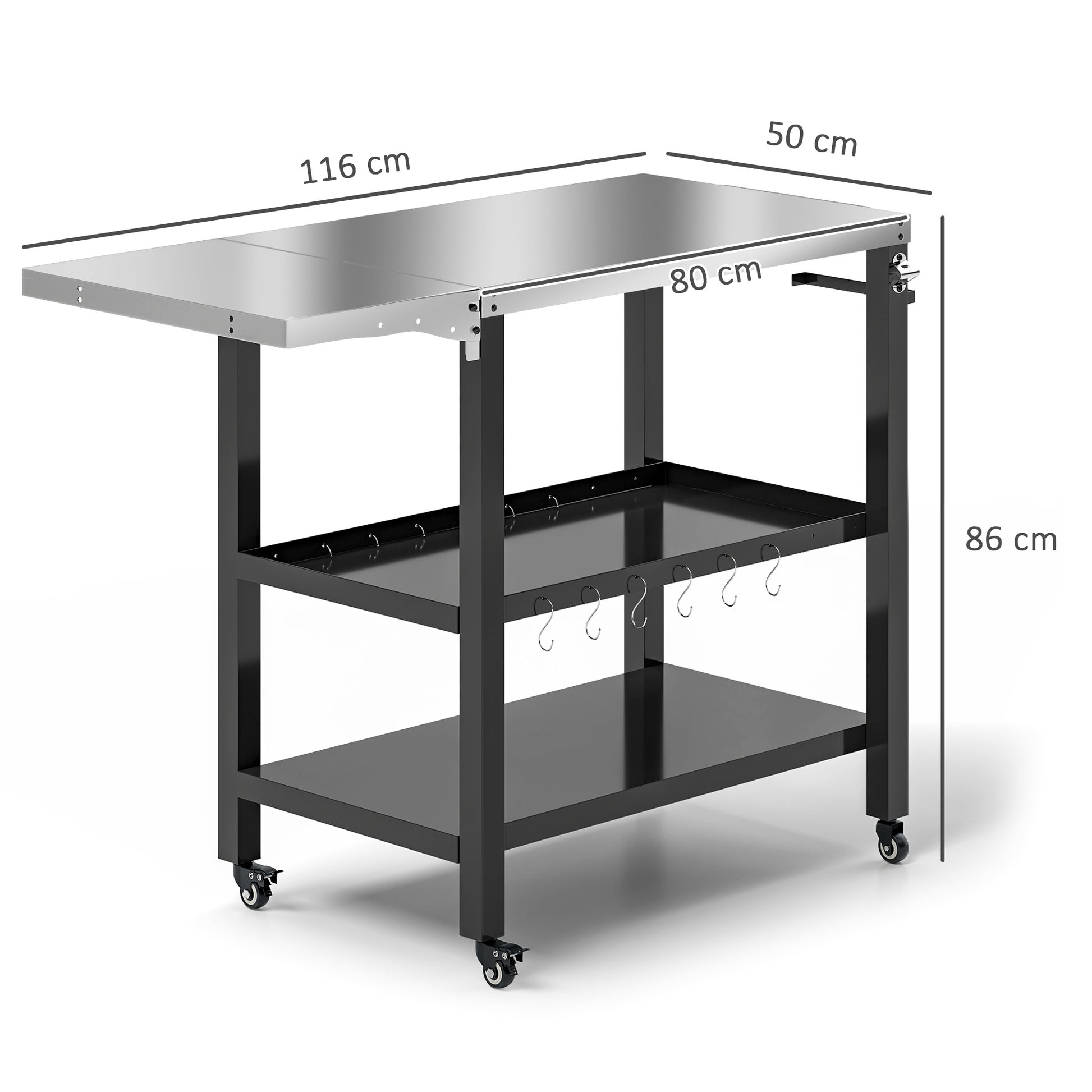 Outsunny Carrito de Parrilla de 3 Niveles Carrito de Barbacoa Carro de Servicio con Ruedas Estantes Encimera de Acero Inoxidable Lateral Plegable y Asa Mesa de Horno de Pizza para Jardín Patio Negro