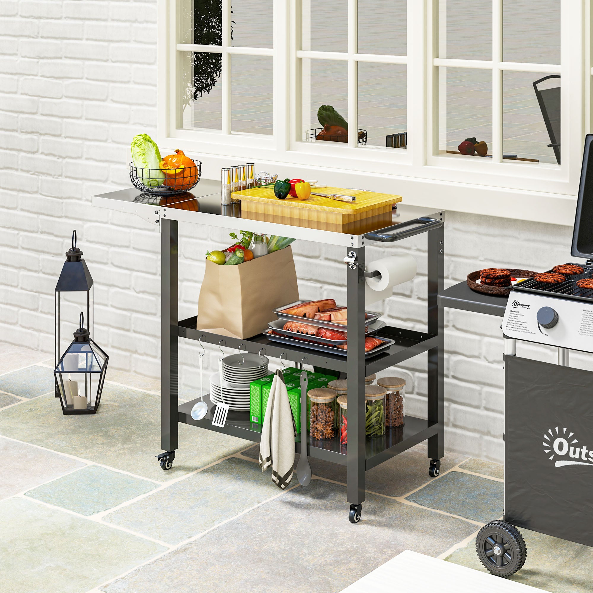 Outsunny Carrito de Parrilla de 3 Niveles Carrito de Barbacoa Carro de Servicio con Ruedas Estantes Encimera de Acero Inoxidable Lateral Plegable y Asa Mesa de Horno de Pizza para Jardín Patio Negro