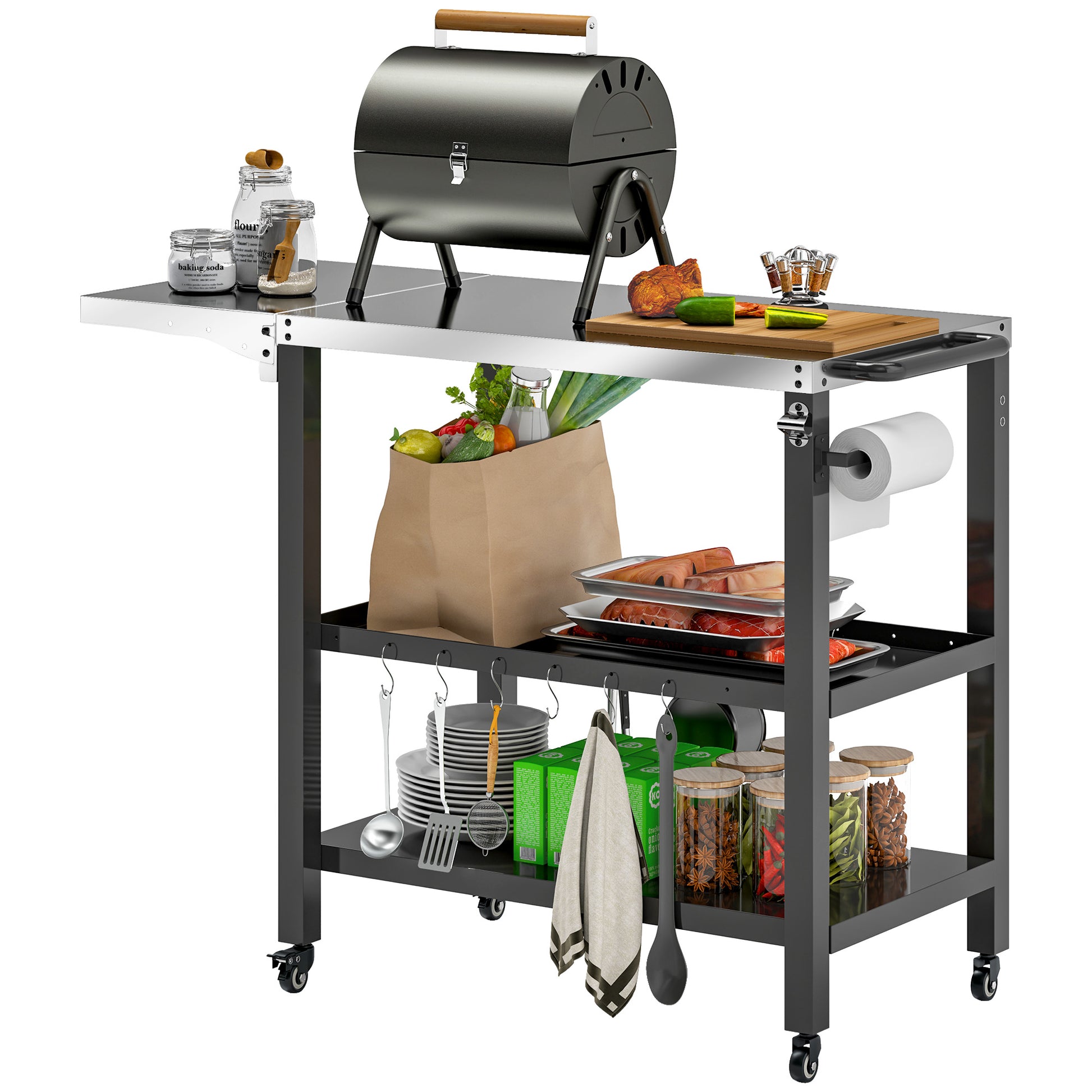 Outsunny Carrito de Parrilla de 3 Niveles Carrito de Barbacoa Carro de Servicio con Ruedas Estantes Encimera de Acero Inoxidable Lateral Plegable y Asa Mesa de Horno de Pizza para Jardín Patio Negro