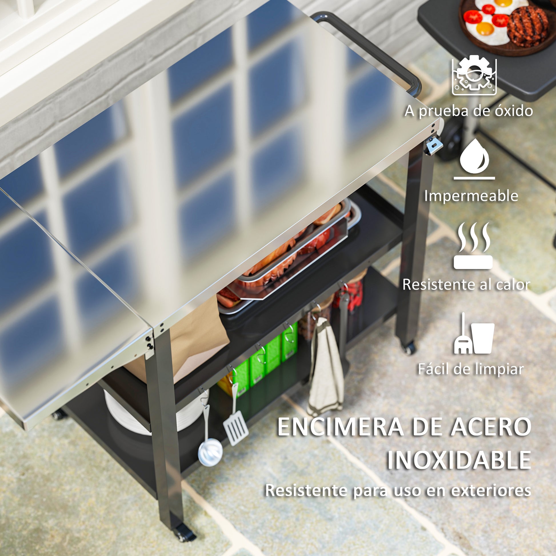 Outsunny Carrito de Parrilla de 3 Niveles Carrito de Barbacoa Carro de Servicio con Ruedas Estantes Encimera de Acero Inoxidable Lateral Plegable y Asa Mesa de Horno de Pizza para Jardín Patio Negro