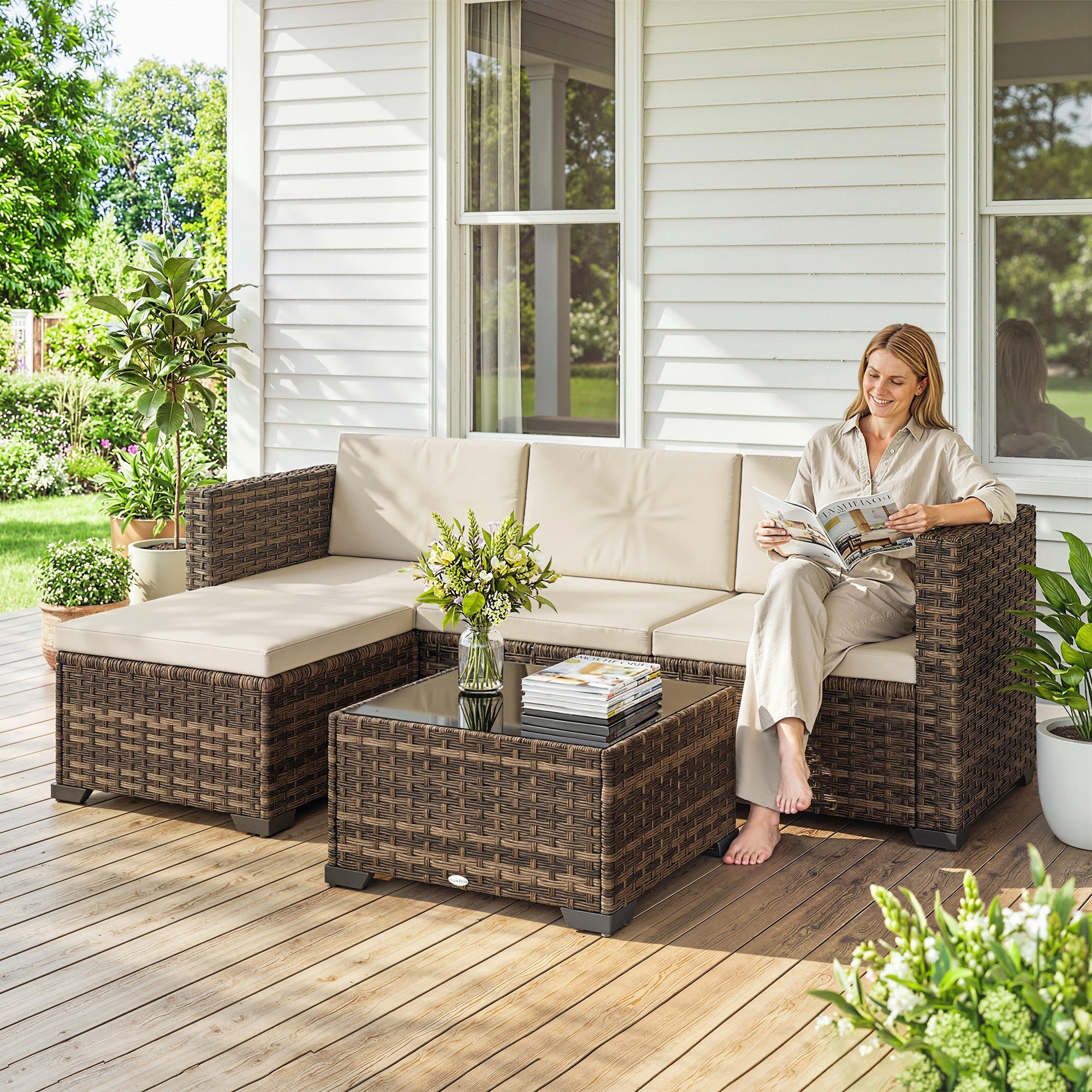 Outsunny Conjunto de Jardín de Ratán de 5 Piezas, Conjunto Terraza Resistente, Muebles Jardín Exterior Incluye Cojines, 2 Sillones de Esquina, Sillón sin Brazos, Reposapiés y Mesa Centro, Caqui