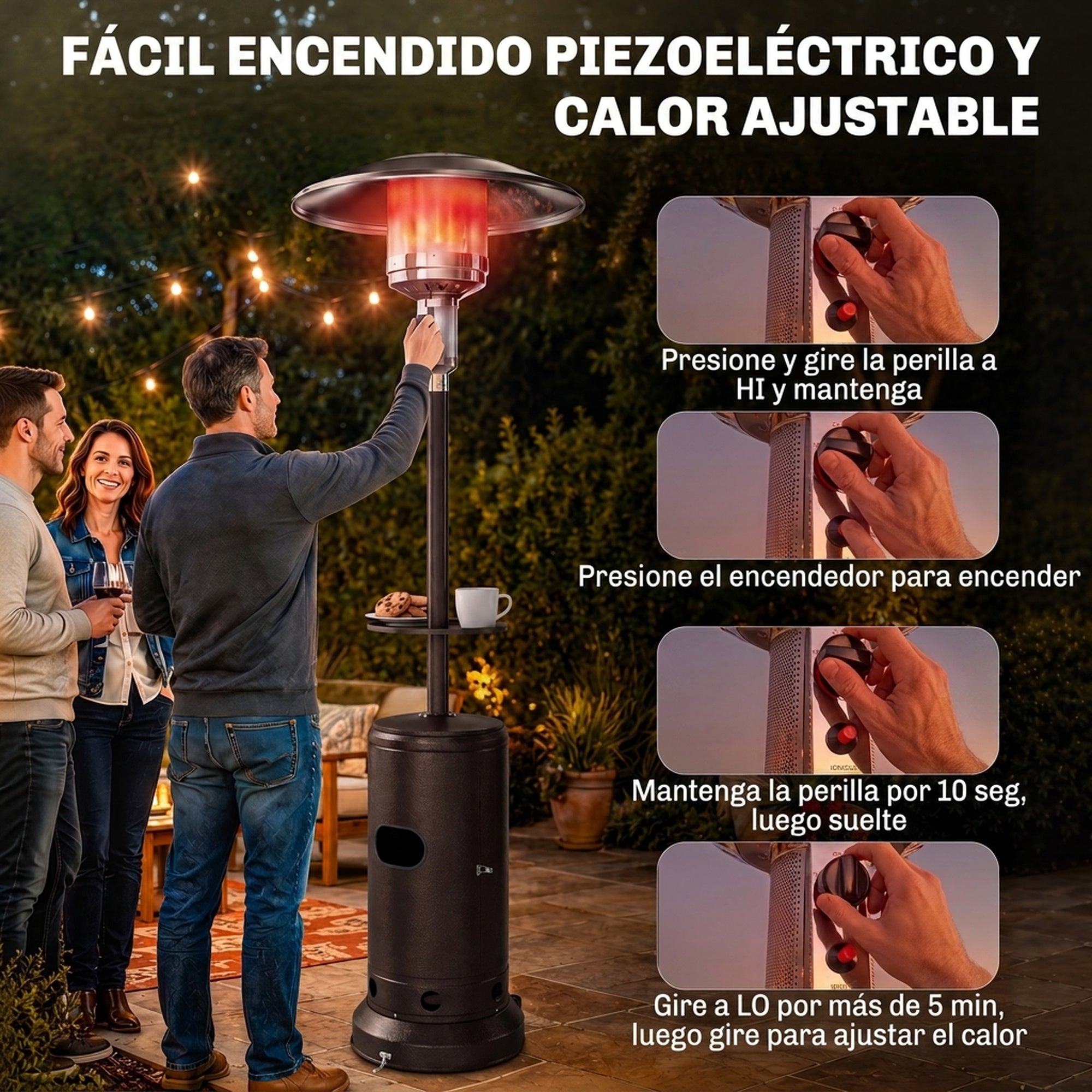 Outsunny Estufa de Gas Butano 13 kW, Calefactor de Gas Terraza Exterior con Mesa Ø40 cm, Regulación Continua del Calor, Encendido Piezoeléctrico, Antivuelco y 2 Ruedas para Jardín, 30 m², Marrón