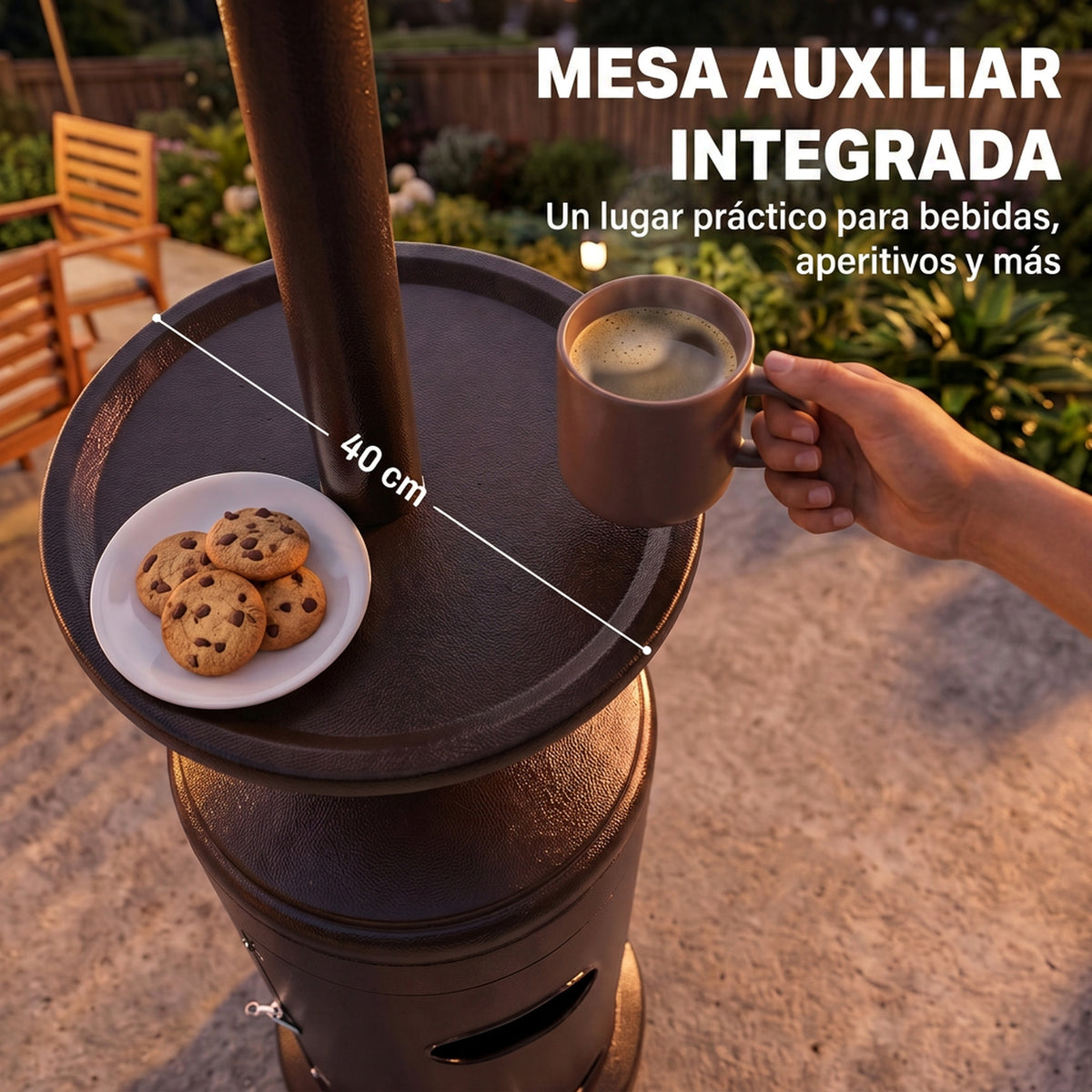 Outsunny Estufa de Gas Butano 13 kW, Calefactor de Gas Terraza Exterior con Mesa Ø40 cm, Regulación Continua del Calor, Encendido Piezoeléctrico, Antivuelco y 2 Ruedas para Jardín, 30 m², Marrón