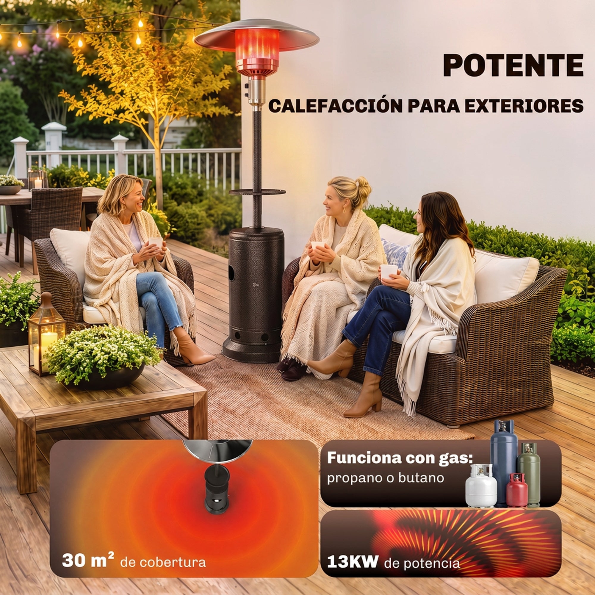 Outsunny Estufa de Gas Butano 13 kW, Calefactor de Gas Terraza Exterior con Mesa Ø40 cm, Regulación Continua del Calor, Encendido Piezoeléctrico, Antivuelco y 2 Ruedas para Jardín, 30 m², Marrón