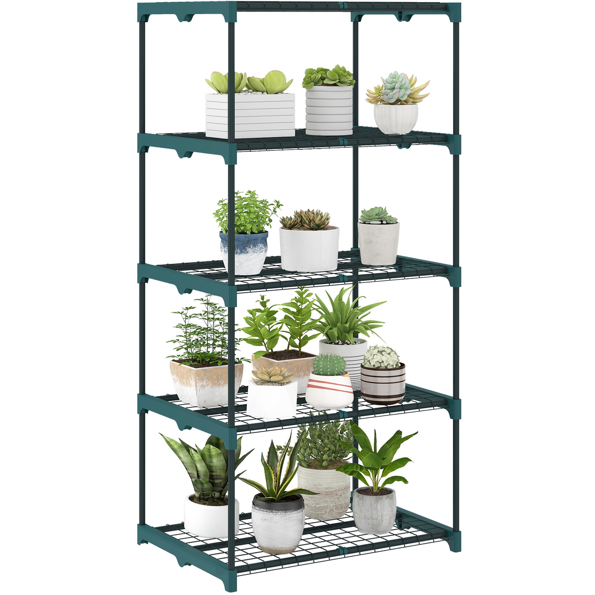 Outsunny Soporte para Plantas de 5 Niveles, Estantería para Plantas de Acero, Estantes de Rejilla, Soporte para Macetas, Interior y Exterior, 67x49x138 cm, Verde Oscuro