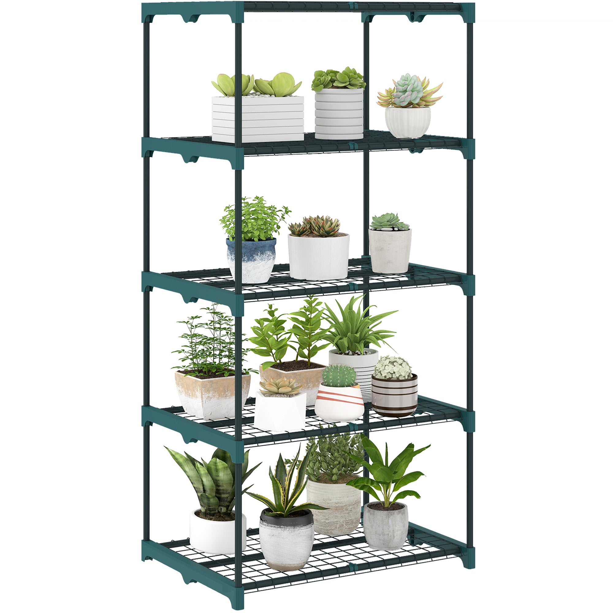 Outsunny Soporte para Plantas de 5 Niveles, Estantería para Plantas de Acero, Estantes de Rejilla, Soporte para Macetas, Interior y Exterior, 67x49x138 cm, Verde Oscuro