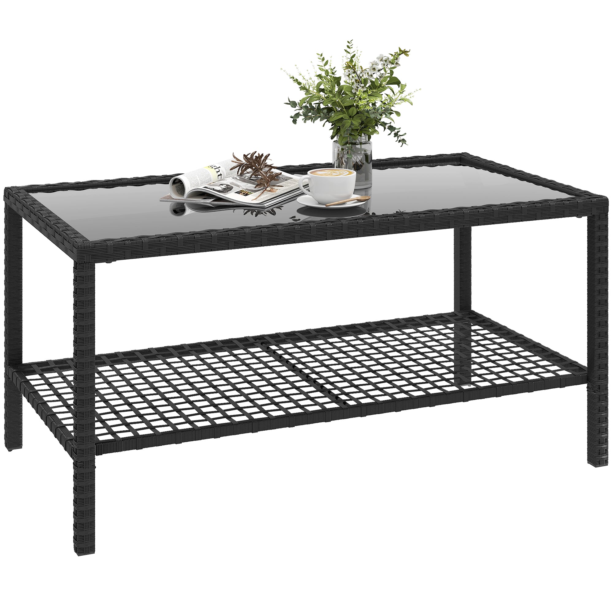 Outsunny Mesa de Jardín de Ratán, Mesita Auxiliar con Estante, Tablero de Vidrio Templado, Estructura de Acero, para Terraza, Patio, Balcón, 92x50x45 cm, Negro