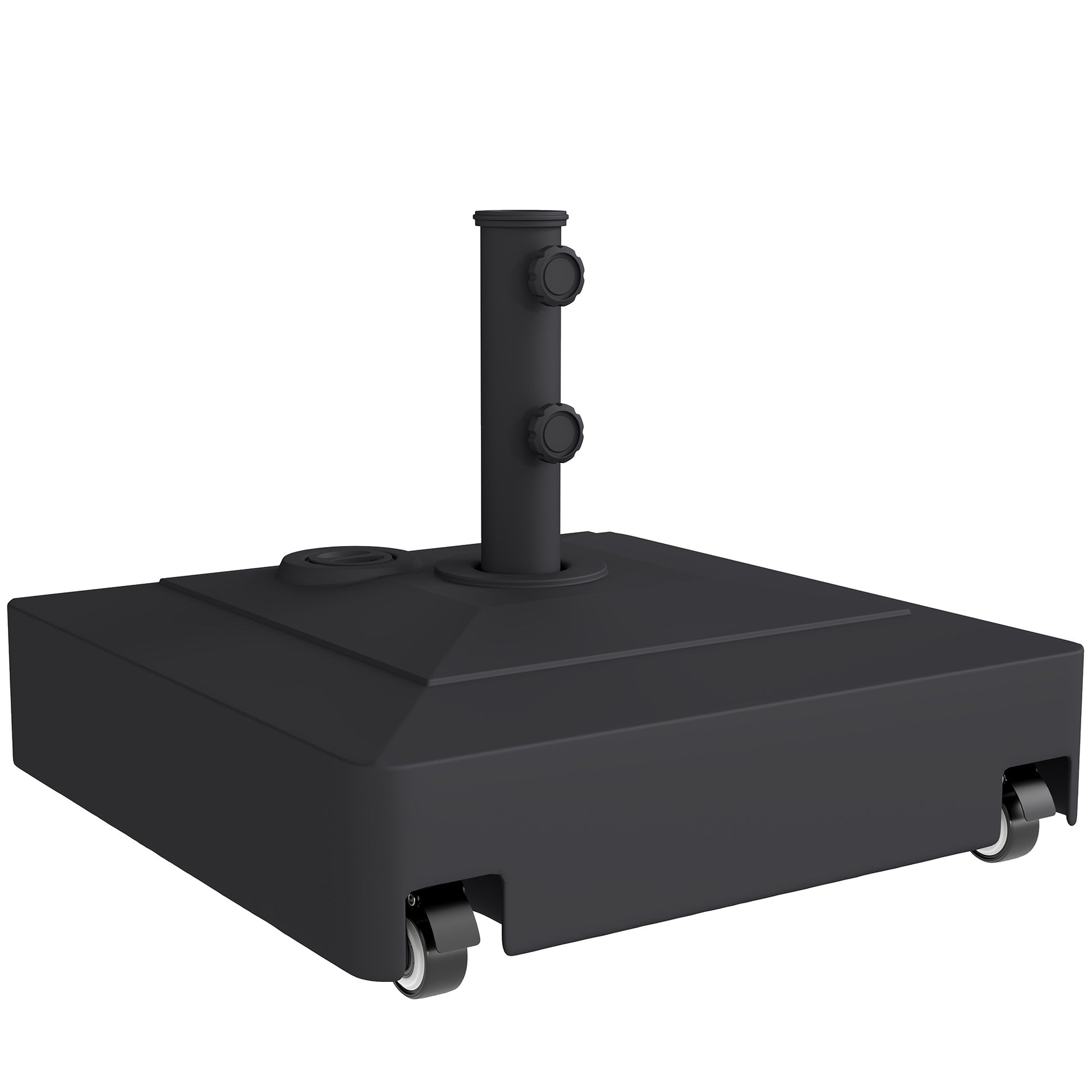 Outsunny Base para Sombrilla Cuadrada con Ruedas, Soporte de Parasol de HDPE, Pie para Sombrilla con Postes Ø35/38/48 mm, Rellenable de Arena 61 kg o Agua 40 kg, para Jardín, Patio, Terraza, Negro