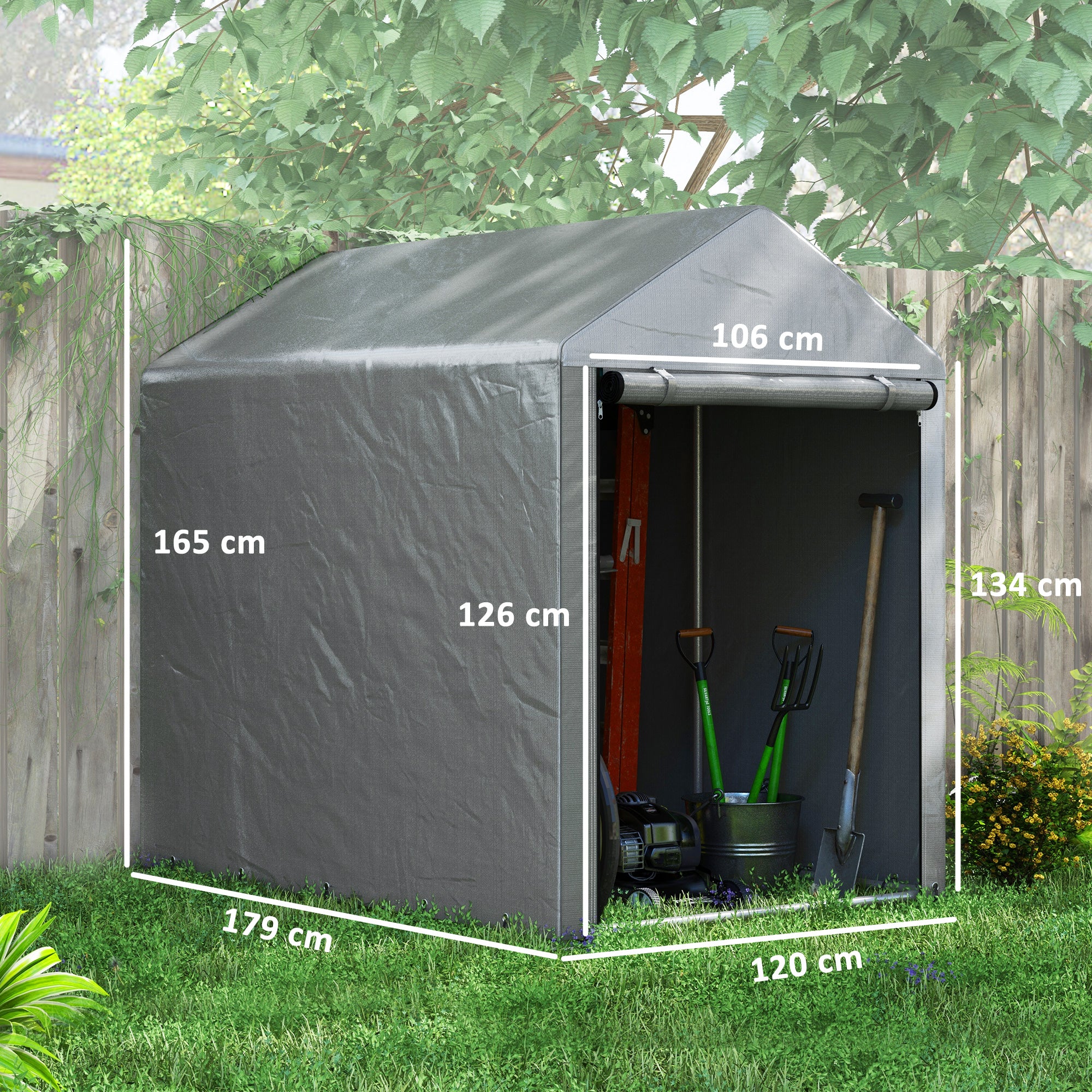Outsunny Carpa de Jardín Exterior para Herramientas Bicicletas 1,2x1,8x1,65 m, Cobertizo Exterior con 2 Habitaciones, Puerta Enrollable con Cremallera, Impermeable Anti-UV, Garaje Portátil, Gris Claro