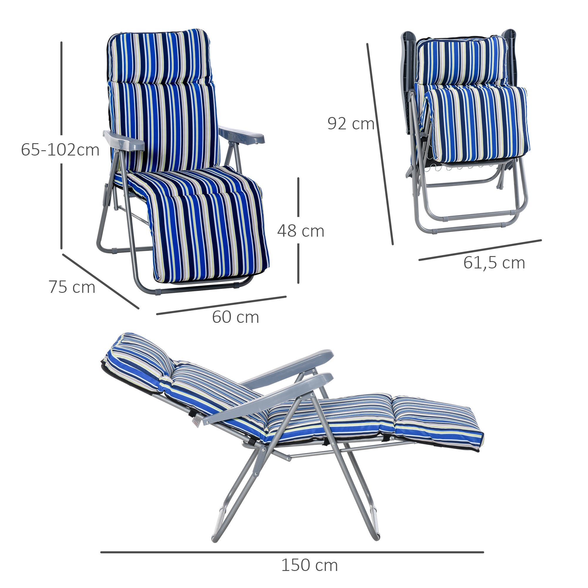 Outsunny Conjunto de 2 Tumbonas Plegables Tumbonas de Jardín de Acero con Cojín Acolchado Respaldo Regulable en 5 Posiciones y Reposapiés 60x75x65-102 cm Rayas Azul