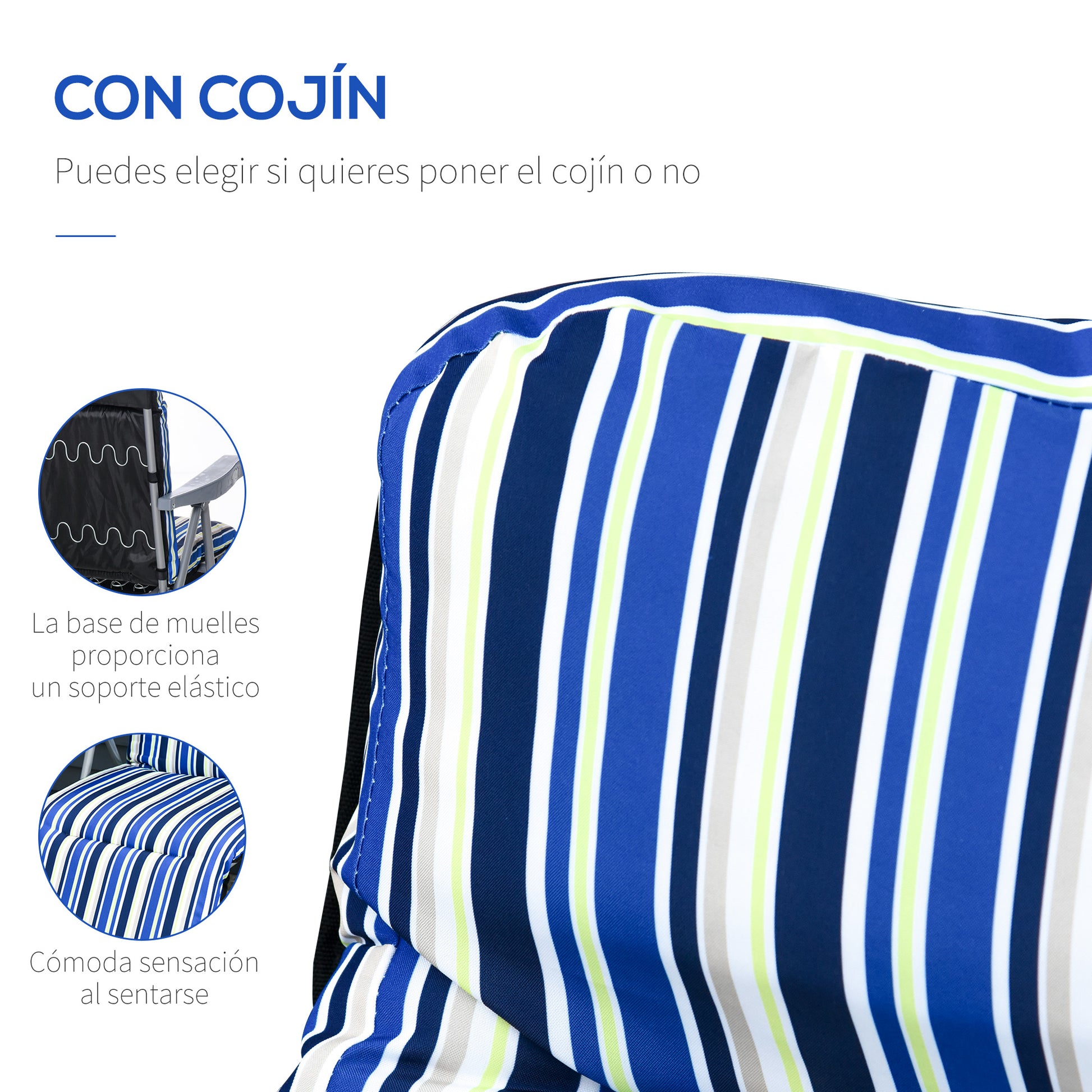Outsunny Conjunto de 2 Tumbonas Plegables Tumbonas de Jardín de Acero con Cojín Acolchado Respaldo Regulable en 5 Posiciones y Reposapiés 60x75x65-102 cm Rayas Azul