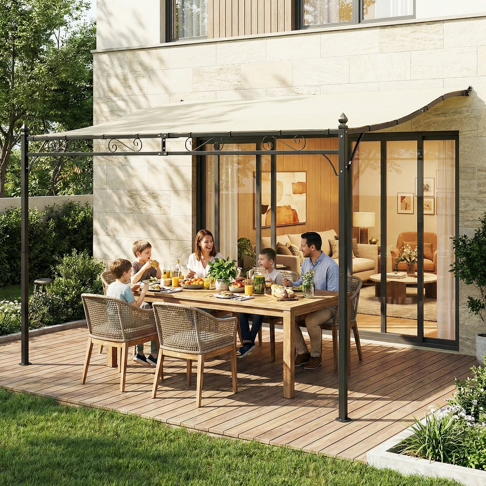 Outsunny Pérgola de Pared de Jardín 2,5x3,5 m, Cenador de Jardín con Techo Inclinado, Orificios de Drenaje y Estructura Metálica Resistente, UPF30, Gazebo para Patio, Terraza, Balcón, Blanco Crema