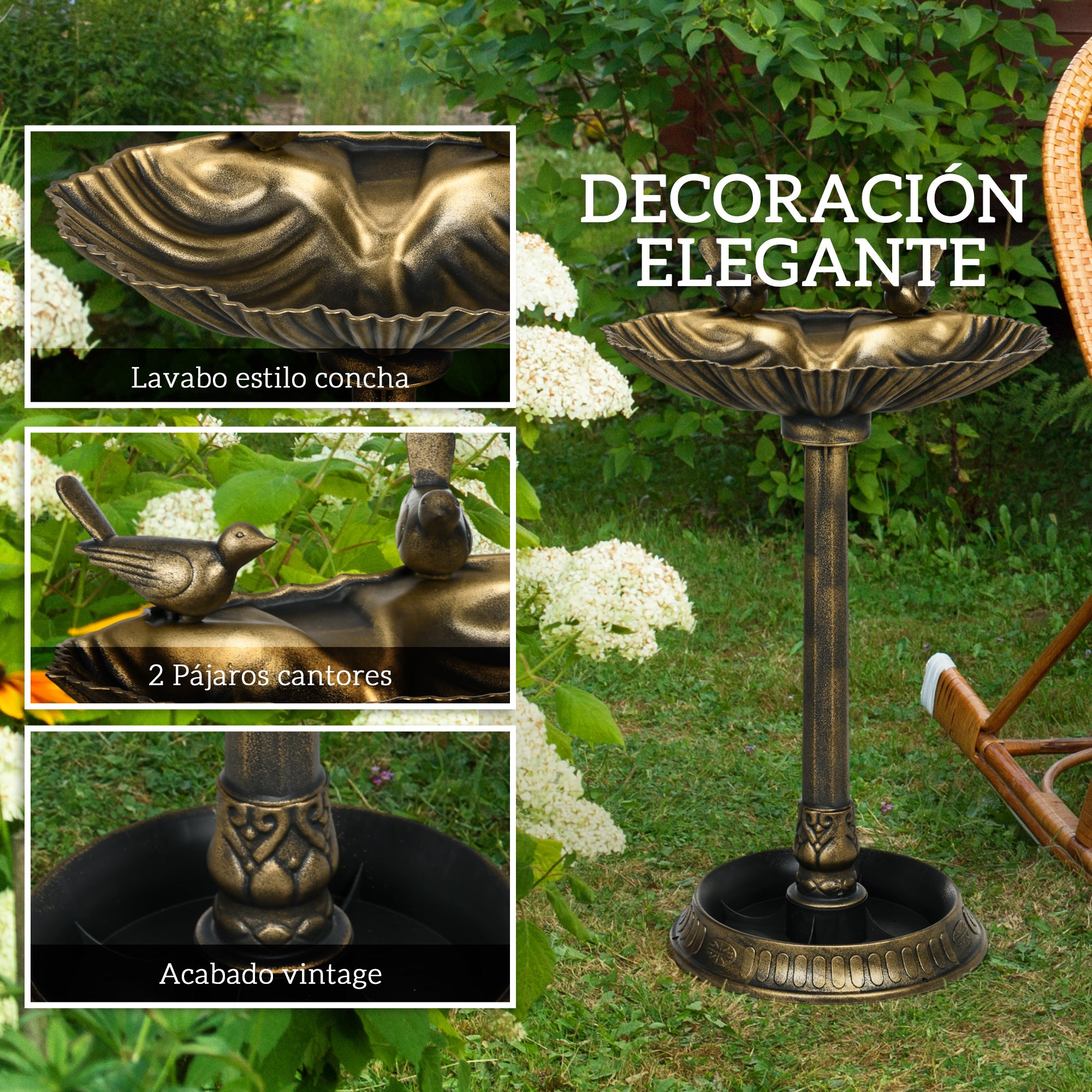 Outsunny Baño para Pájaros de Jardín al Aire Libre, Altura 81 cm, Comedero para Pájaros con Base de Pedestal, Diseño de Concha y Acabado Envejecido, Ligero y Resistente, Bebedero para Aves, Bronce