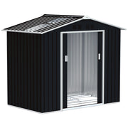 Outsunny Cobertizo de Jardín 2,42m² con Base de Refuerzo Sin Suelo 213x130x185 cm Caseta de Jardín Exterior con Puertas Correderas Claraboya 4 Ventanas para Almacenamiento de Herramientas Gris Oscuro