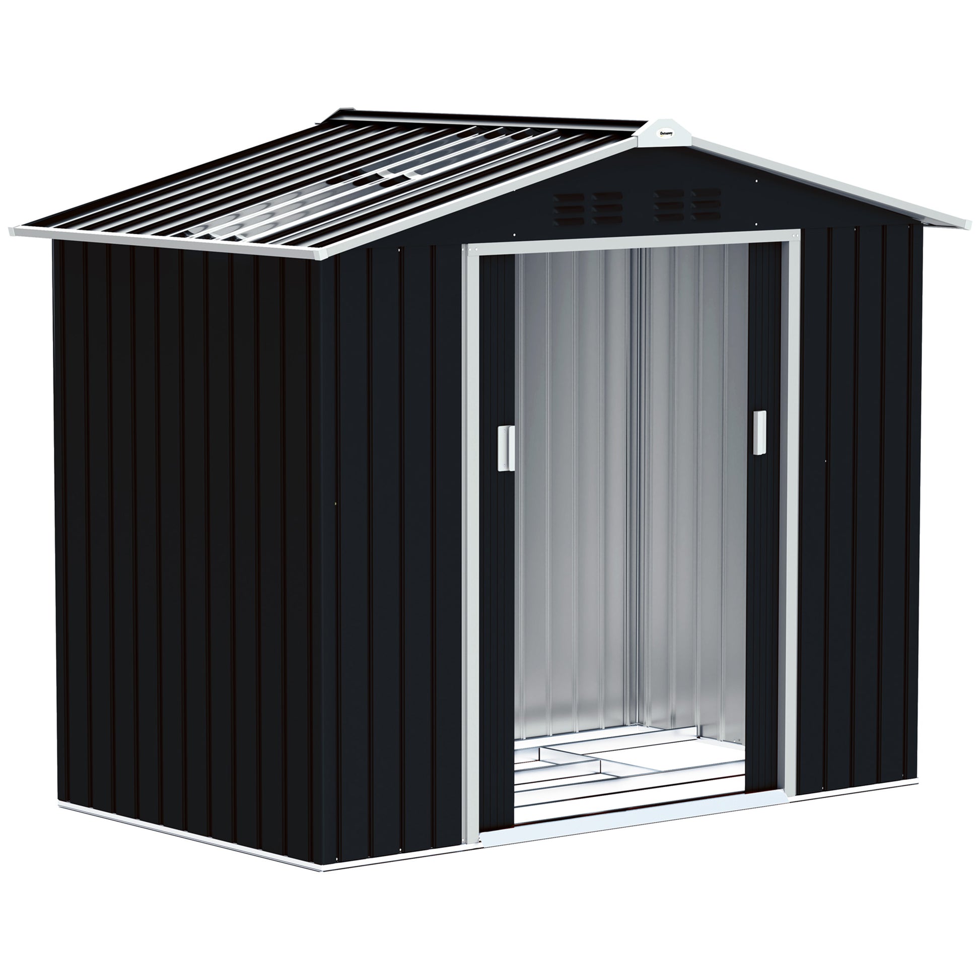 Outsunny Cobertizo de Jardín 2,42m² con Base de Refuerzo Sin Suelo 213x130x185 cm Caseta de Jardín Exterior con Puertas Correderas Claraboya 4 Ventanas para Almacenamiento de Herramientas Gris Oscuro