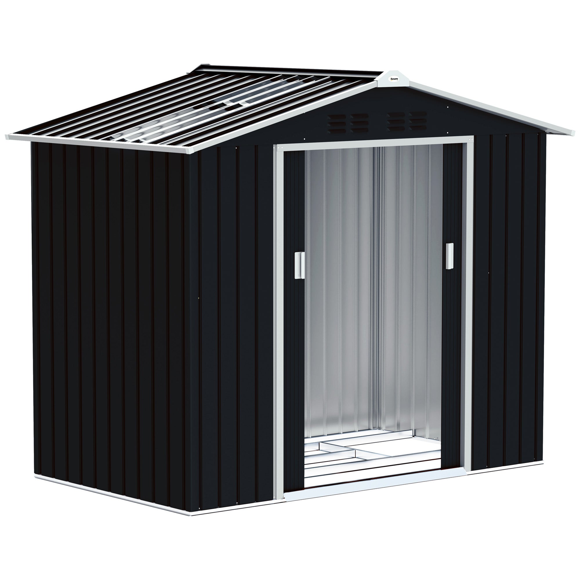 Outsunny Cobertizo de Jardín 2,42m² con Base de Refuerzo Sin Suelo 213x130x185 cm Caseta de Jardín Exterior con Puertas Correderas Claraboya 4 Ventanas para Almacenamiento de Herramientas Gris Oscuro
