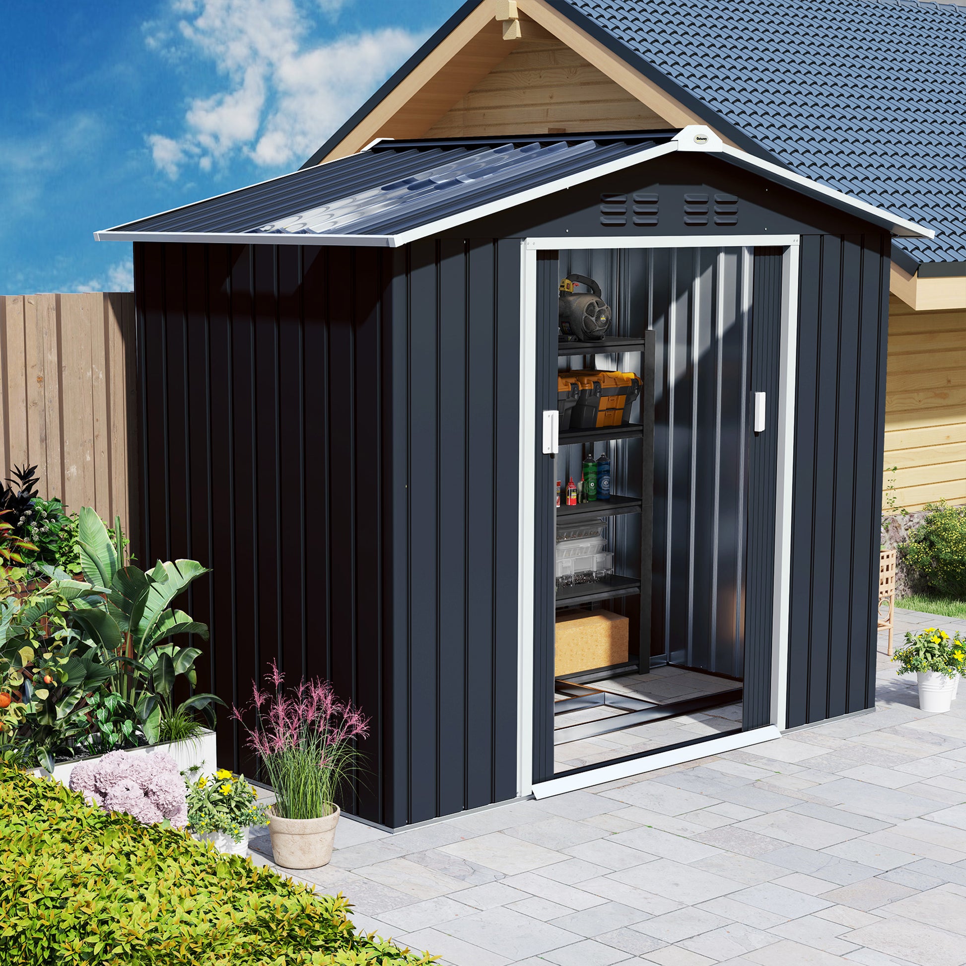 Outsunny Cobertizo de Jardín 2,42m² con Base de Refuerzo Sin Suelo 213x130x185 cm Caseta de Jardín Exterior con Puertas Correderas Claraboya 4 Ventanas para Almacenamiento de Herramientas Gris Oscuro