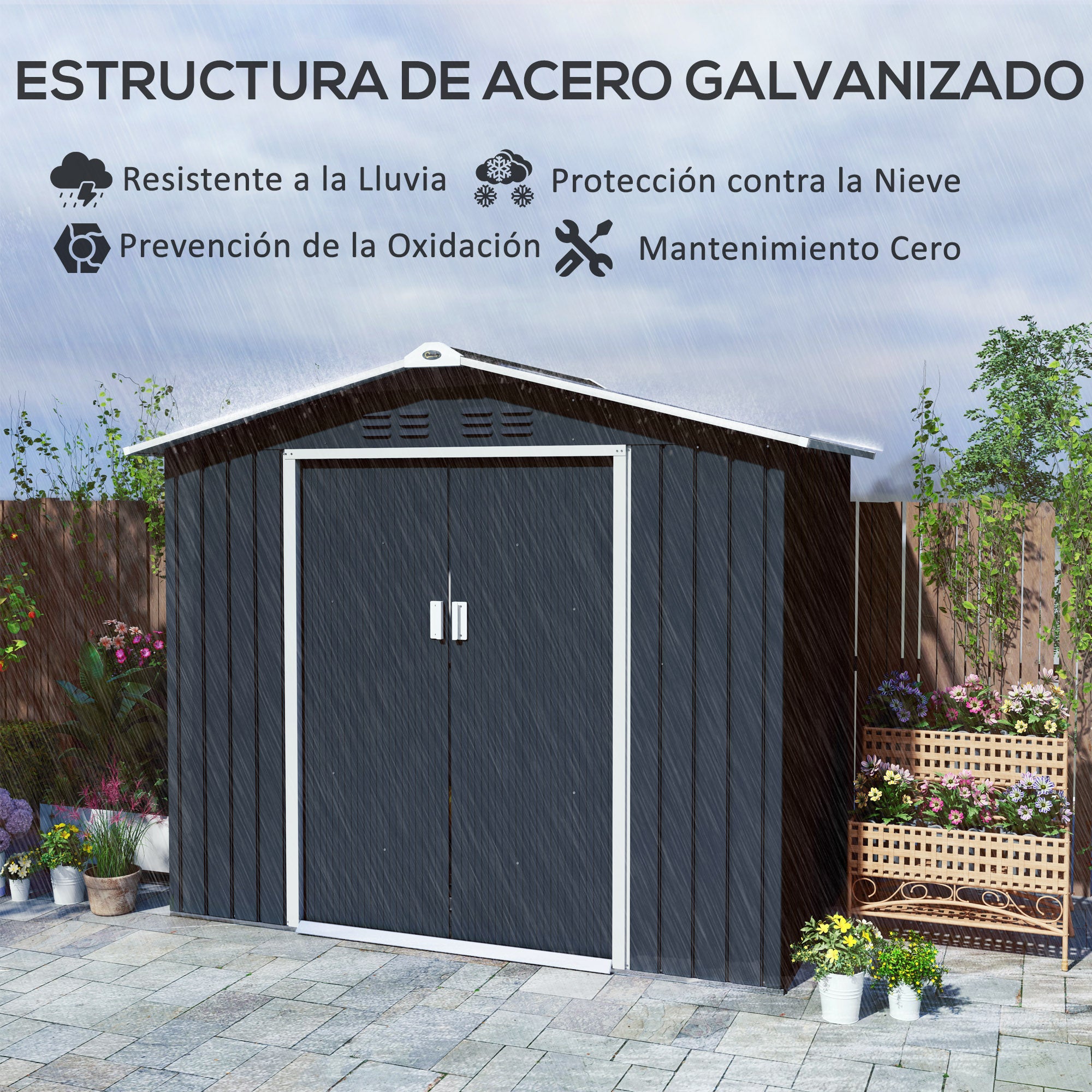 Outsunny Cobertizo de Jardín 2,42m² con Base de Refuerzo Sin Suelo 213x130x185 cm Caseta de Jardín Exterior con Puertas Correderas Claraboya 4 Ventanas para Almacenamiento de Herramientas Gris Oscuro