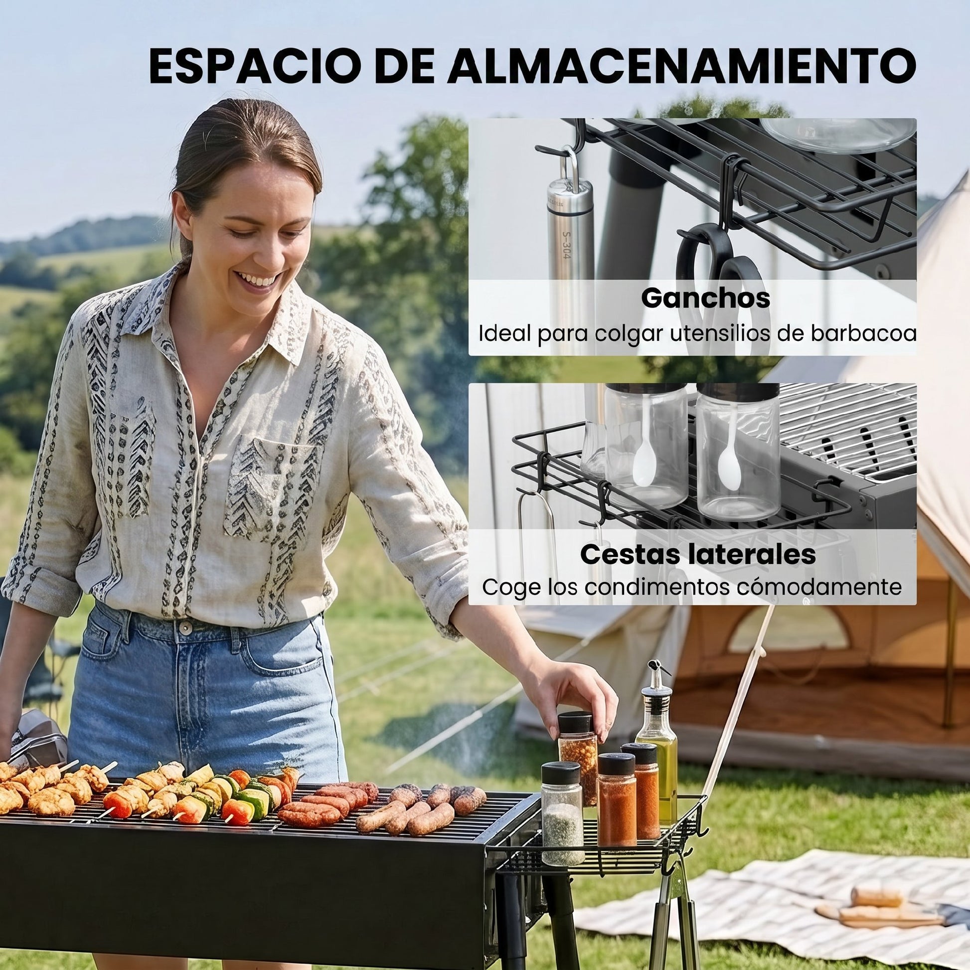 Outsunny Barbacoa de Carbón con 2 Parrillas de Acero Inoxidable Barbacoa Portátil con 2 Especieros para Acampar Picnic Camping Jardín 94x39x70 cm Negro
