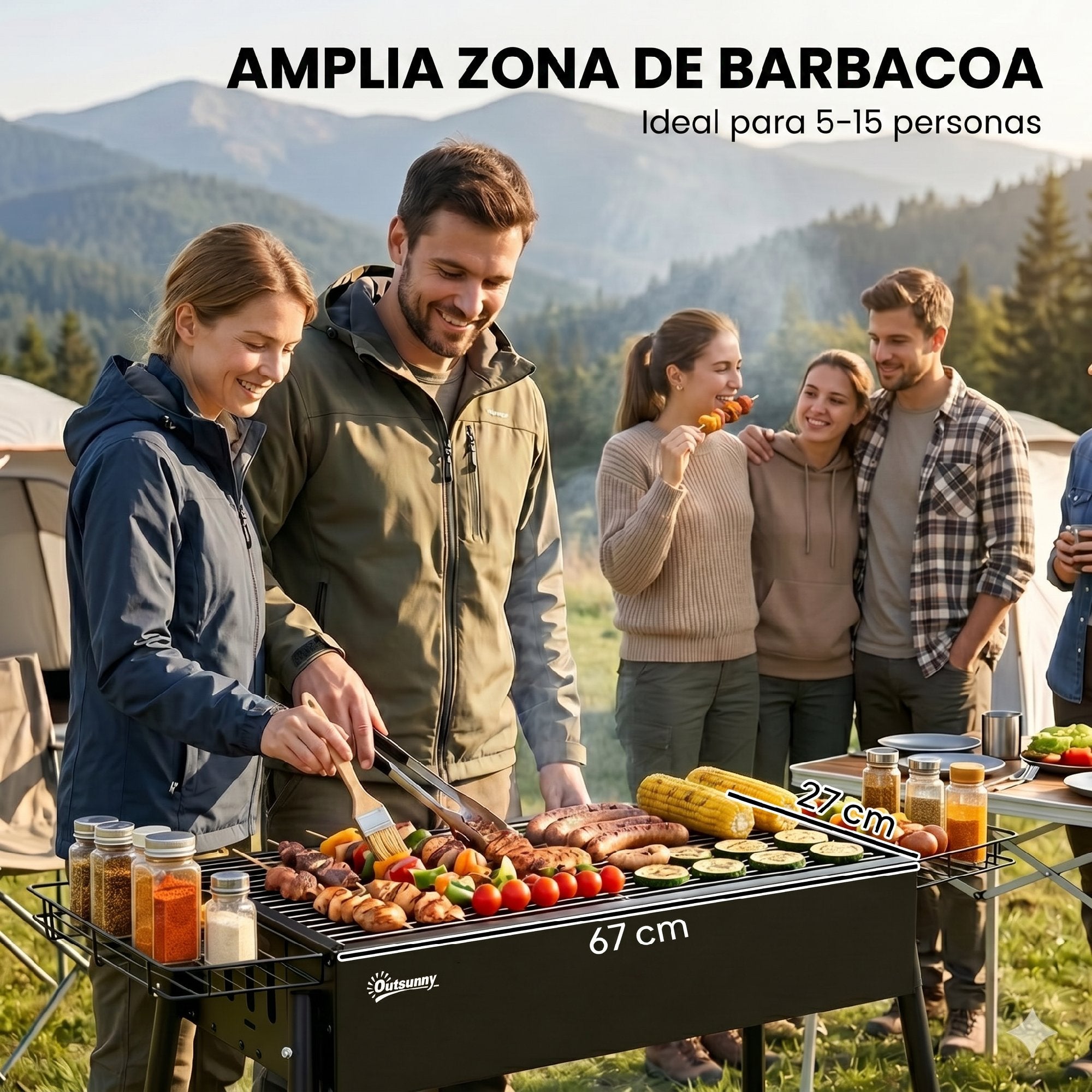 Outsunny Barbacoa de Carbón con 2 Parrillas de Acero Inoxidable Barbacoa Portátil con 2 Especieros para Acampar Picnic Camping Jardín 94x39x70 cm Negro