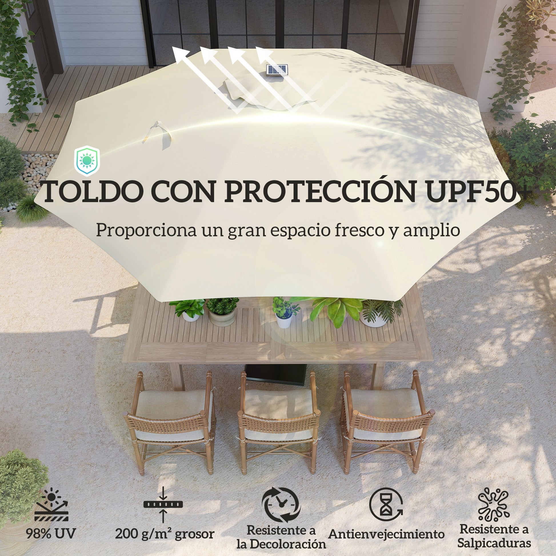 Outsunny Sombrilla Terraza Exterior con Luces LED Ø300x256 cm Sombrilla de Jardín con Manivela Techo de Ventilación Protección UV50+ y Poste de Aluminio Parasol para Patio Piscina Playa Crema