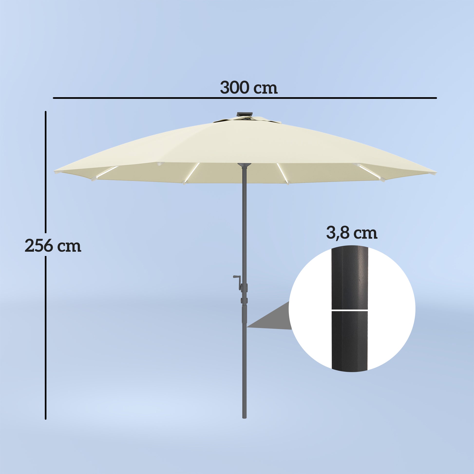 Outsunny Sombrilla Terraza Exterior con Luces LED Ø300x256 cm Sombrilla de Jardín con Manivela Techo de Ventilación Protección UV50+ y Poste de Aluminio Parasol para Patio Piscina Playa Crema