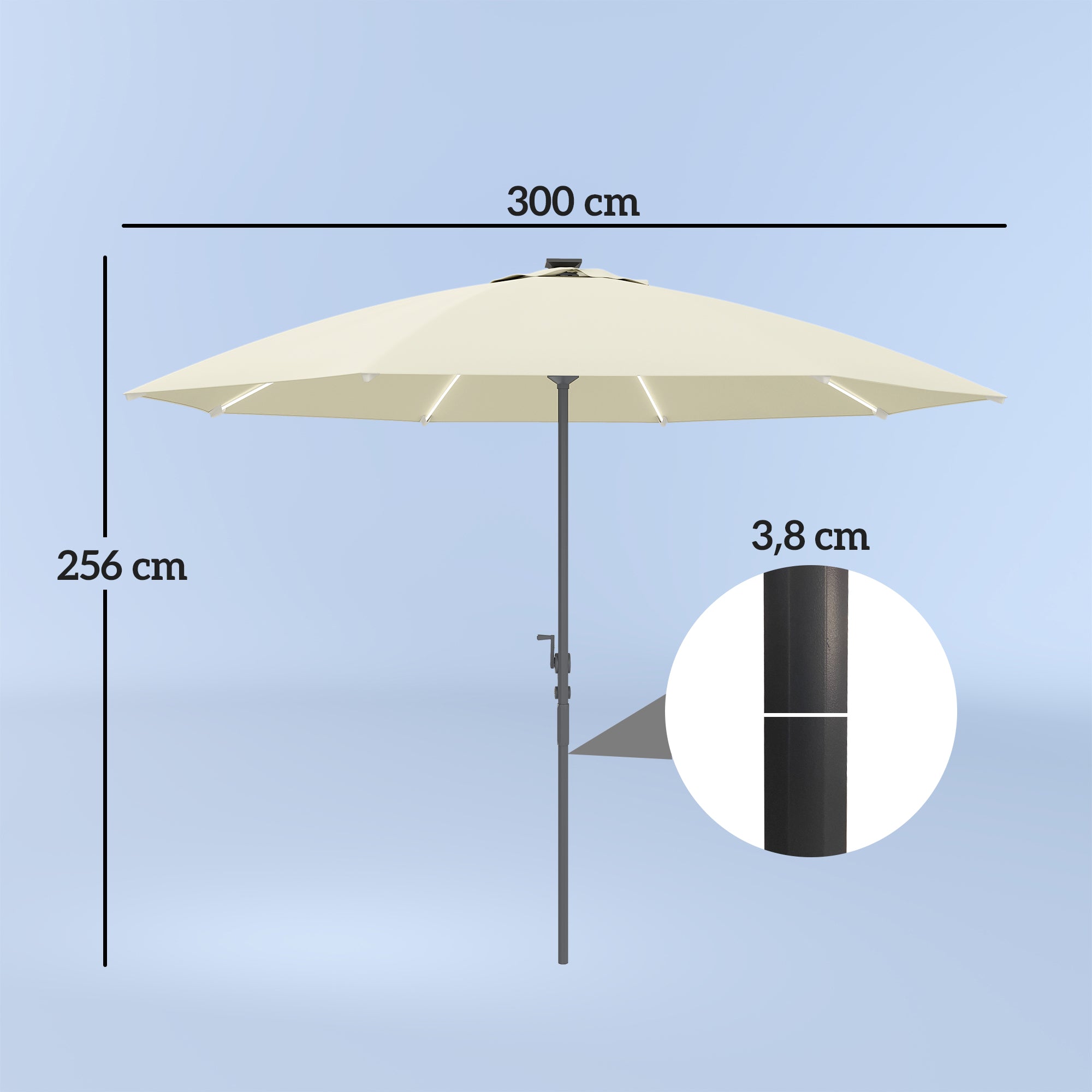 Outsunny Sombrilla Terraza Exterior con Luces LED Ø300x256 cm Sombrilla de Jardín con Manivela Techo de Ventilación Protección UV50+ y Poste de Aluminio Parasol para Patio Piscina Playa Crema