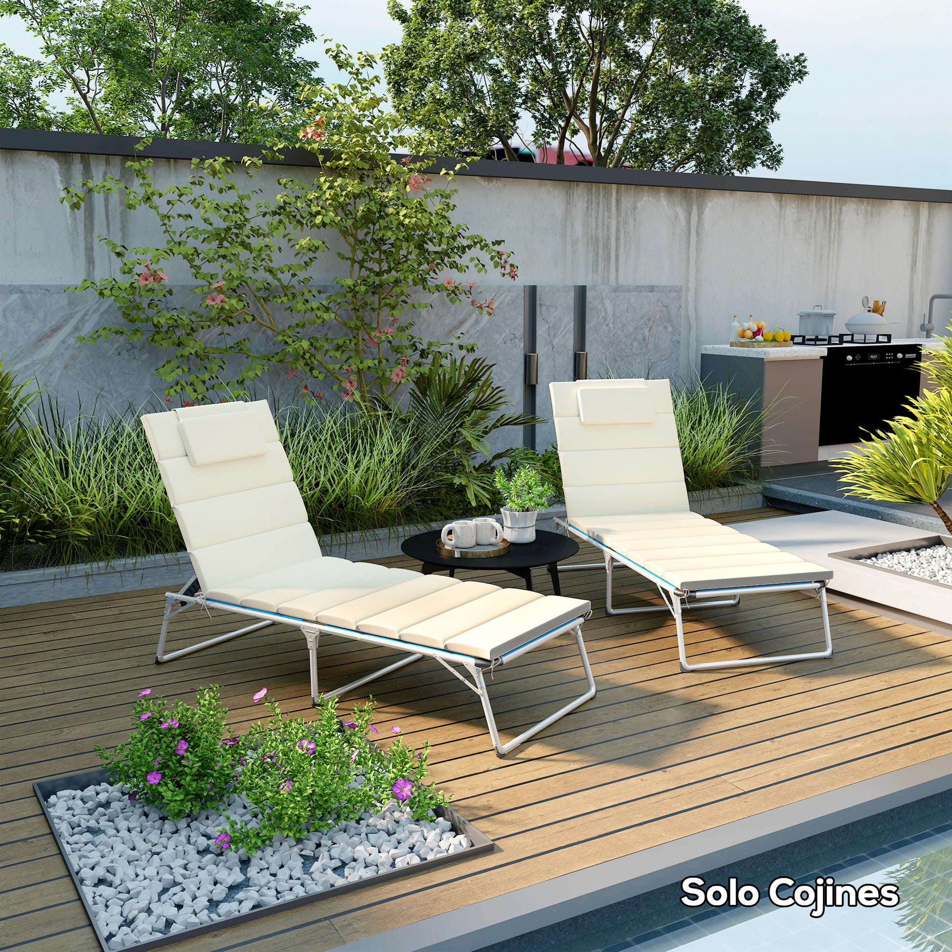 Outsunny Pack 2 Cojines para Tumbonas Plegables Colchonetas para Tumbonas de Jardín Exterior 203x66x3 cm con Reposacabezas y Correas de Sujeción Crema