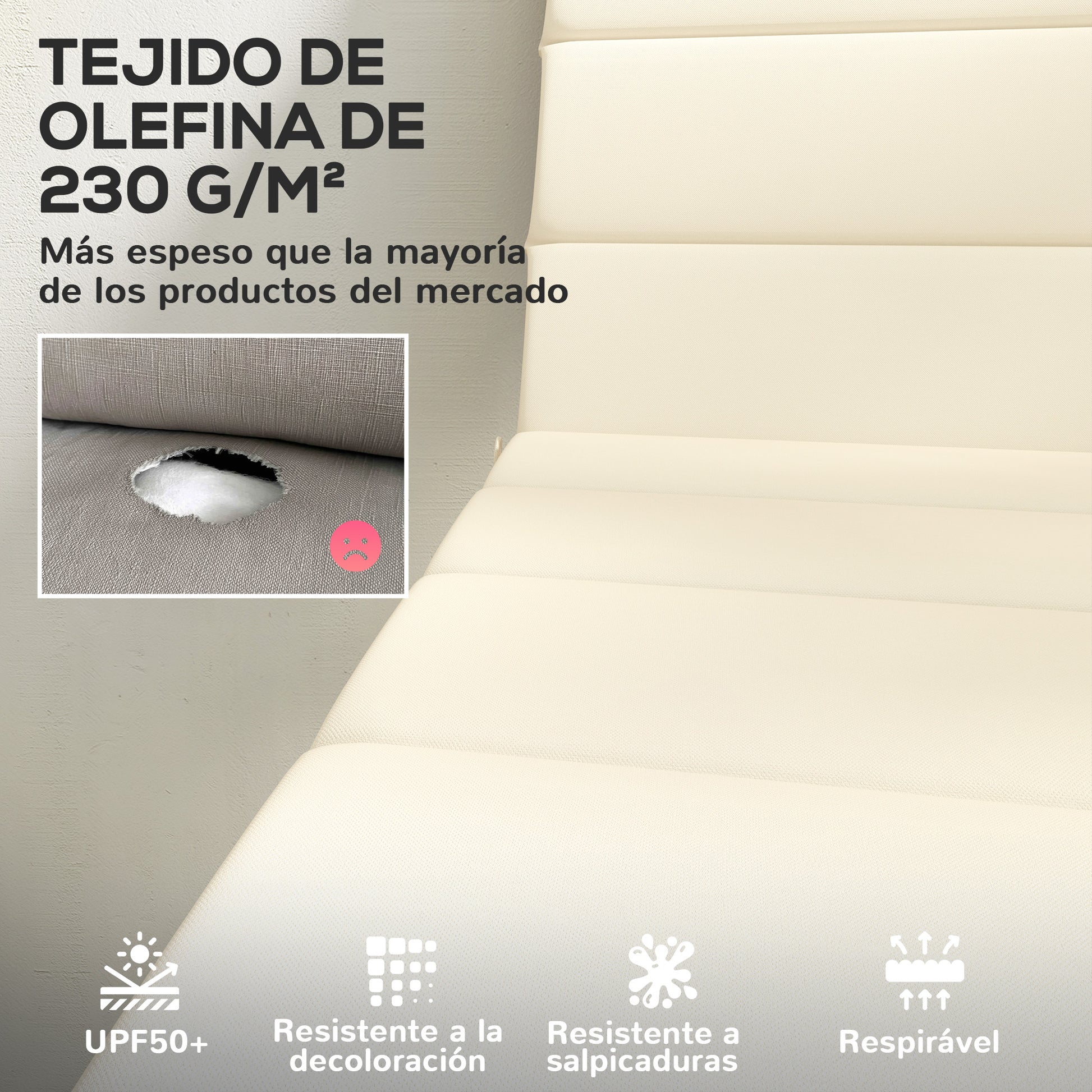 Outsunny Pack 2 Cojines para Tumbonas Plegables Colchonetas para Tumbonas de Jardín Exterior 203x66x3 cm con Reposacabezas y Correas de Sujeción Crema