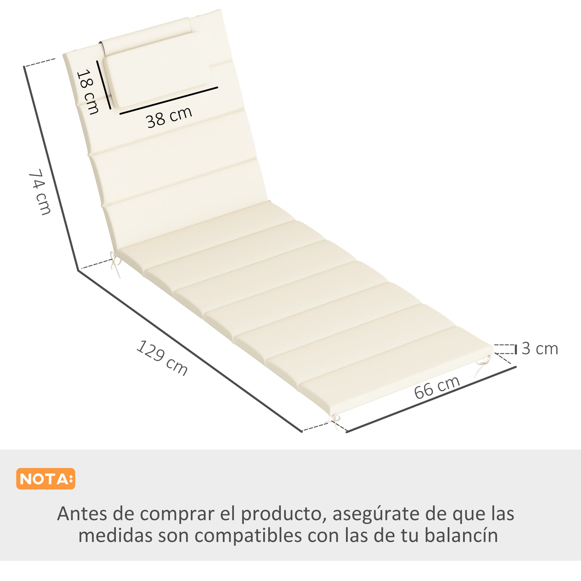 Outsunny Pack 2 Cojines para Tumbonas Plegables Colchonetas para Tumbonas de Jardín Exterior 203x66x3 cm con Reposacabezas y Correas de Sujeción Crema