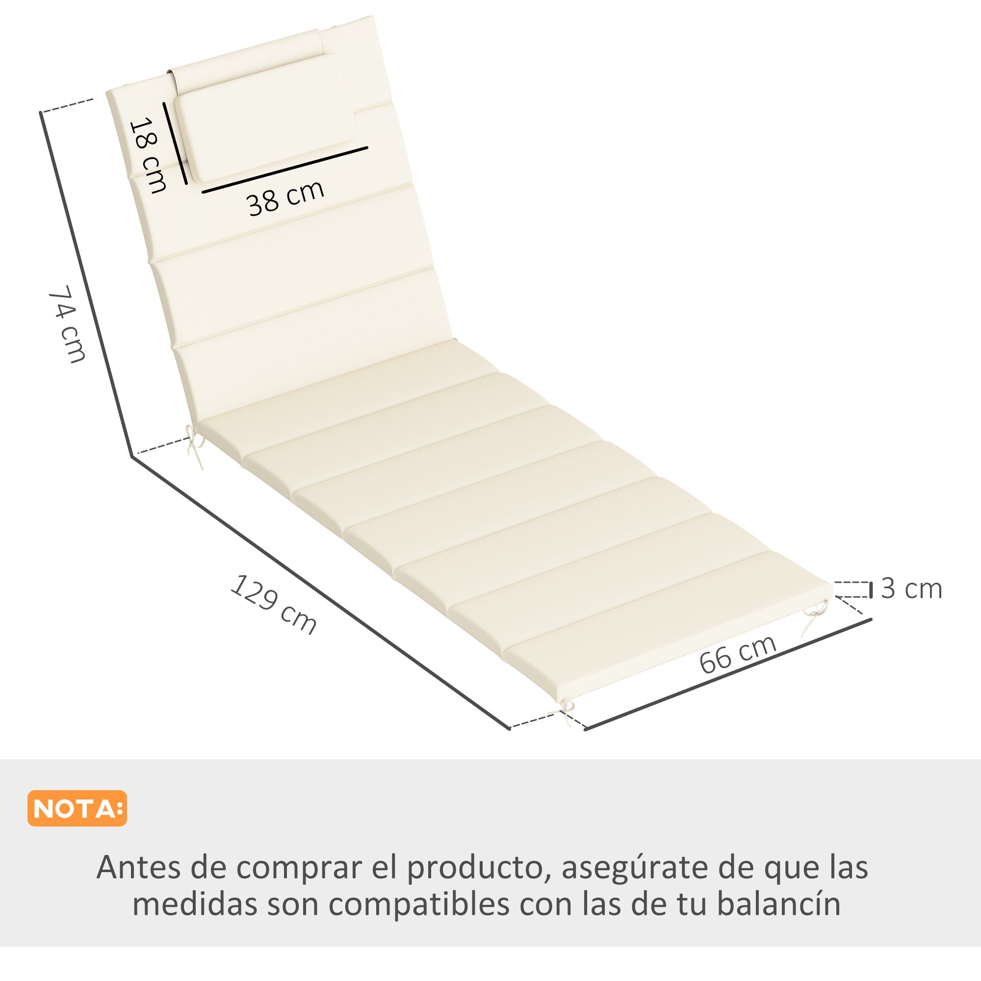 Outsunny Pack 2 Cojines para Tumbonas Plegables Colchonetas para Tumbonas de Jardín Exterior 203x66x3 cm con Reposacabezas y Correas de Sujeción Crema