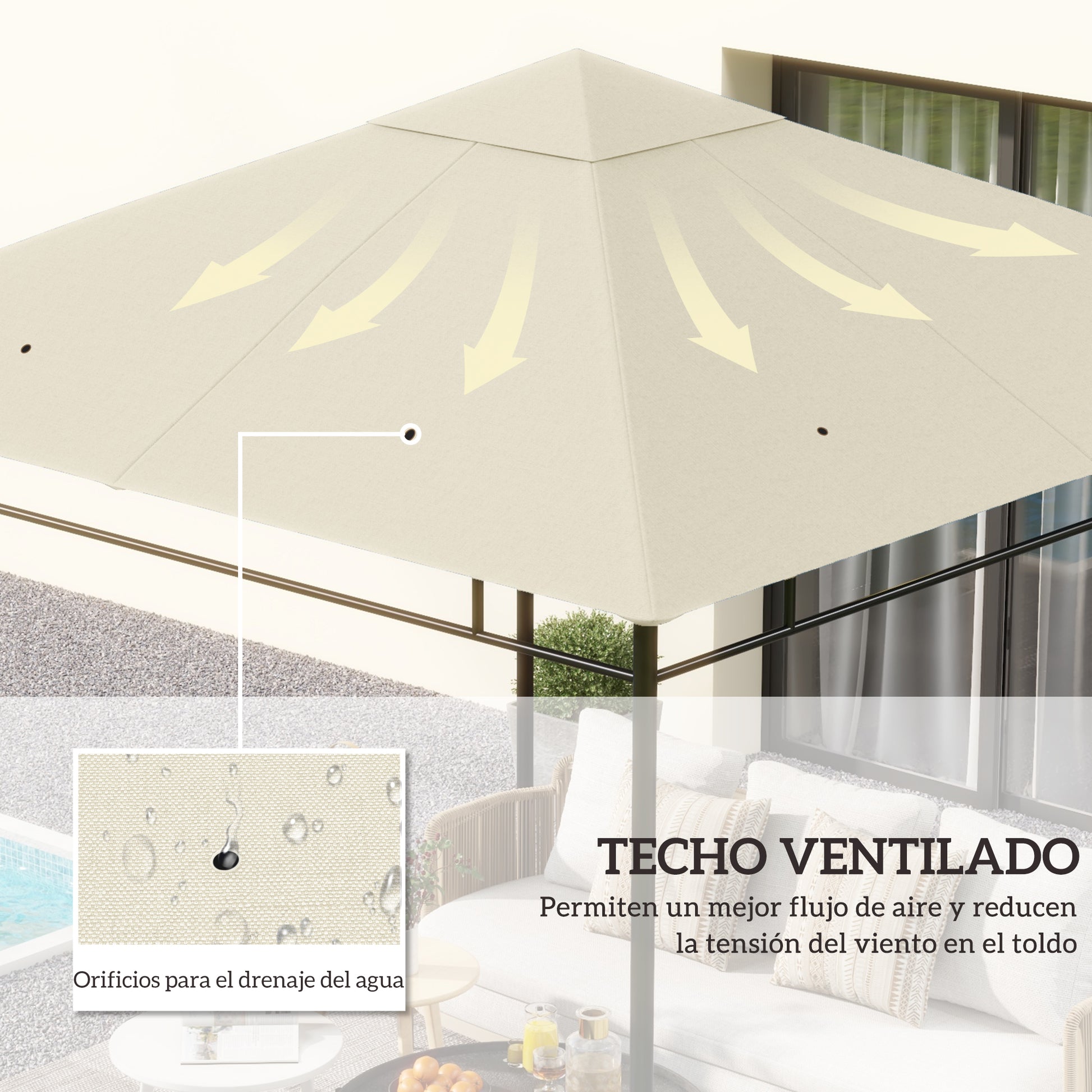 Outsunny Techo de Repuesto para Cenador, 3x3 m, Cubierta de Repuesto con 8 Orificios de Drenaje, Ventilación y Protección UV, SOLO Toldo de Recambio para Pabellón Gazebo, Blanco Crema