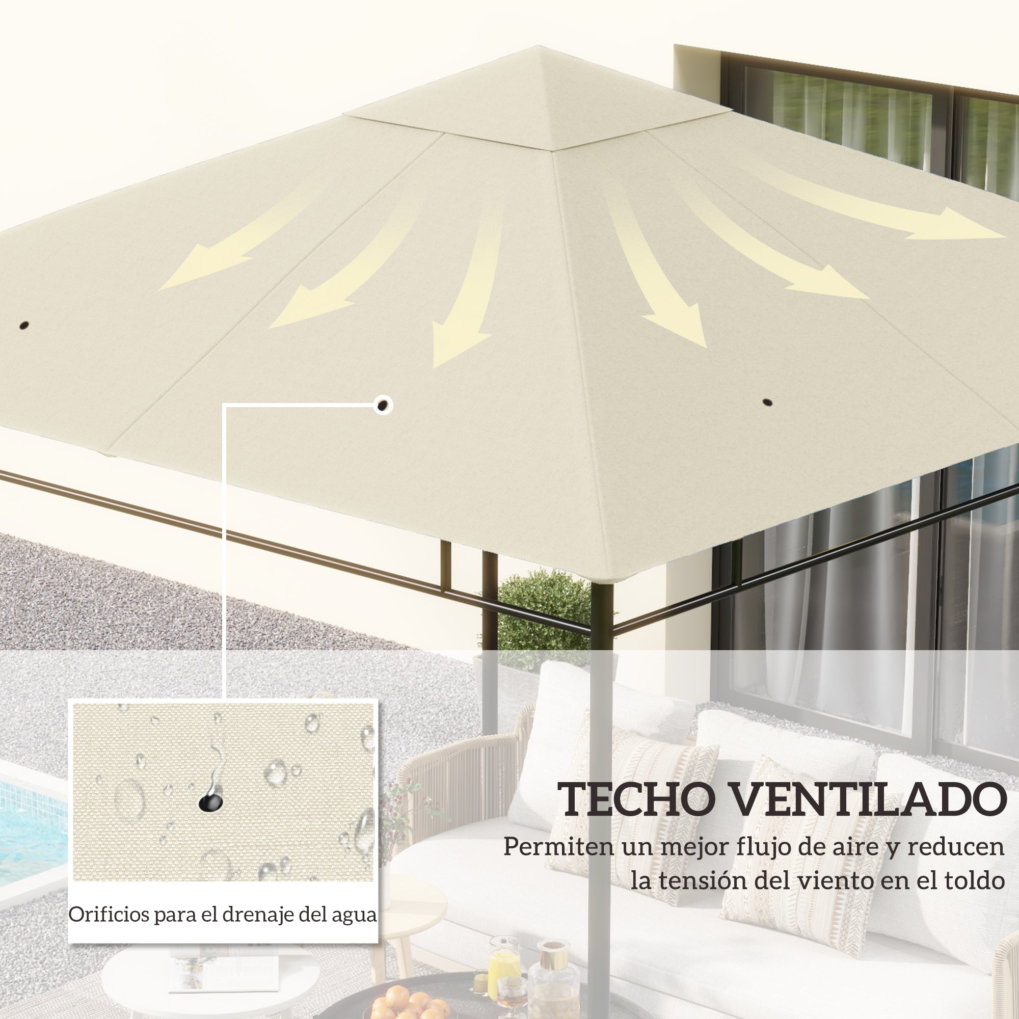 Outsunny Techo de Repuesto para Cenador, 3x3 m, Cubierta de Repuesto con 8 Orificios de Drenaje, Ventilación y Protección UV, SOLO Toldo de Recambio para Pabellón Gazebo, Blanco Crema