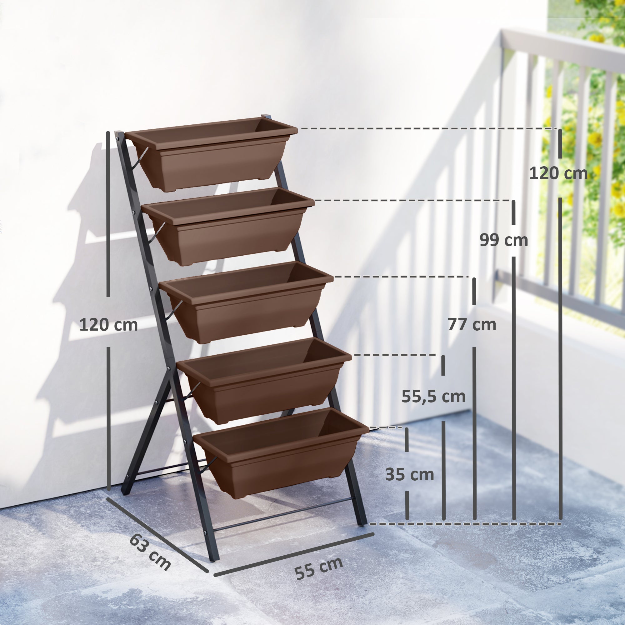 Outsunny Soporte para Plantas de 5 Niveles con 5 Macetas, Estantería para Plantas para Esquina, Orificios de Drenaje, Diseño en Escalera, Soporte para Macetas, Interior y Exterior, 55x63x120 cm, Negro