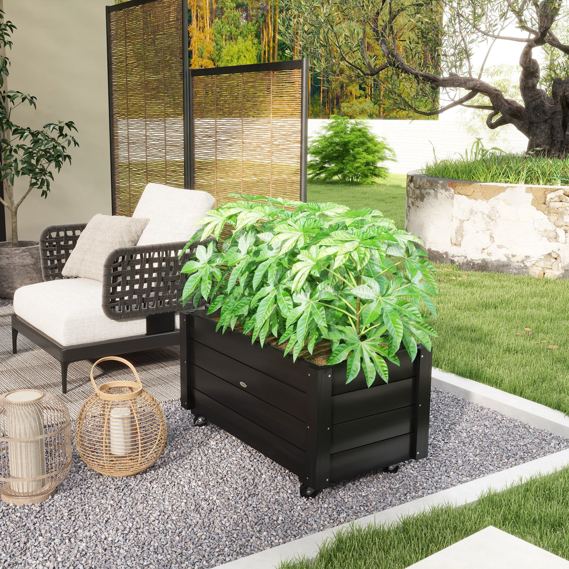 Outsunny Jardinera de Madera con Ruedas, Huerto Urbano para Cultivar Plantas, Macetero Exterior con Orificios de Drenaje y Tela no Tejida, para Jardin, Terraza, Balcón y Patio, 89x48x47 cm, Negro